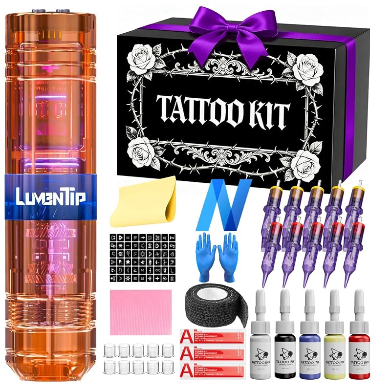 Kit para tatuagem LumenTip sem fio com tintas, agulhas e pele sintética