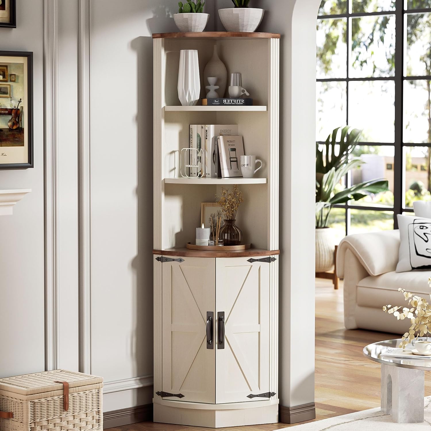 AHB 63" Tall Corner Cabinet Farmhouse Storage Cabinet with Doors and Shelves, Home Space Saver Corner Storage Shelf for Kitchen Living Room, Antique White