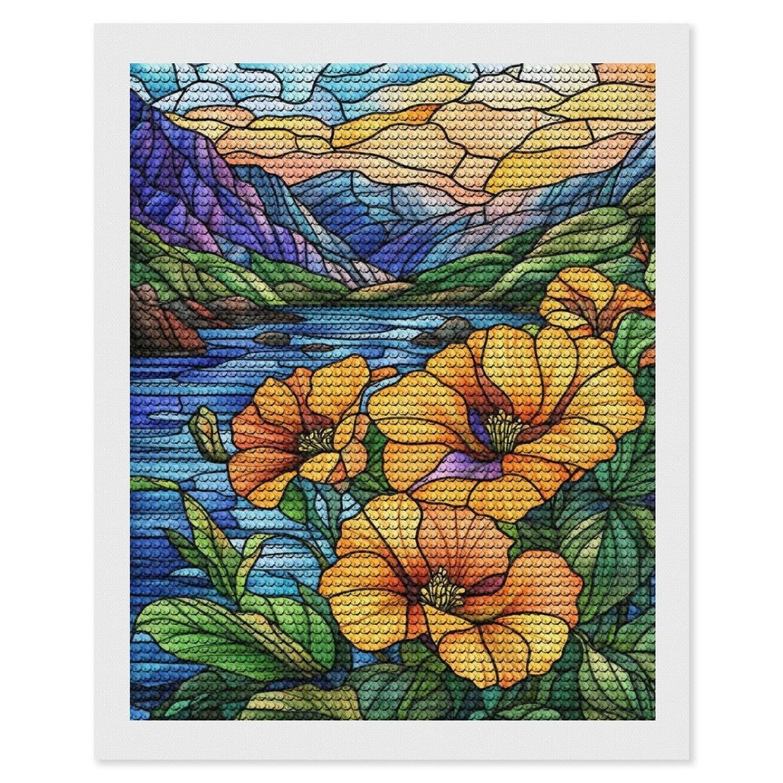 Junmoney Stained Glass Mountain Lake Diamond Art Kit 16"x20", Relaxing DIY Hobby, Satisfying Creative Project, Living Room Decor, for Women