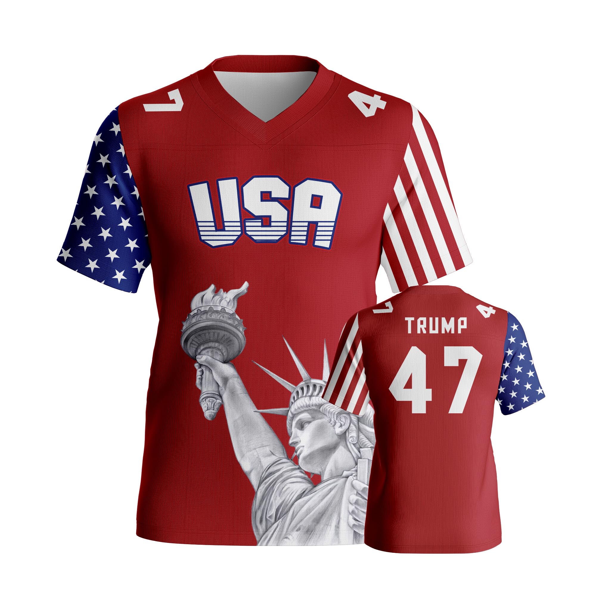 4th of July Men's Football Jersey with Statue of Liberty USA Patriotic White Red Blue Baseball Shirt for Independence Day