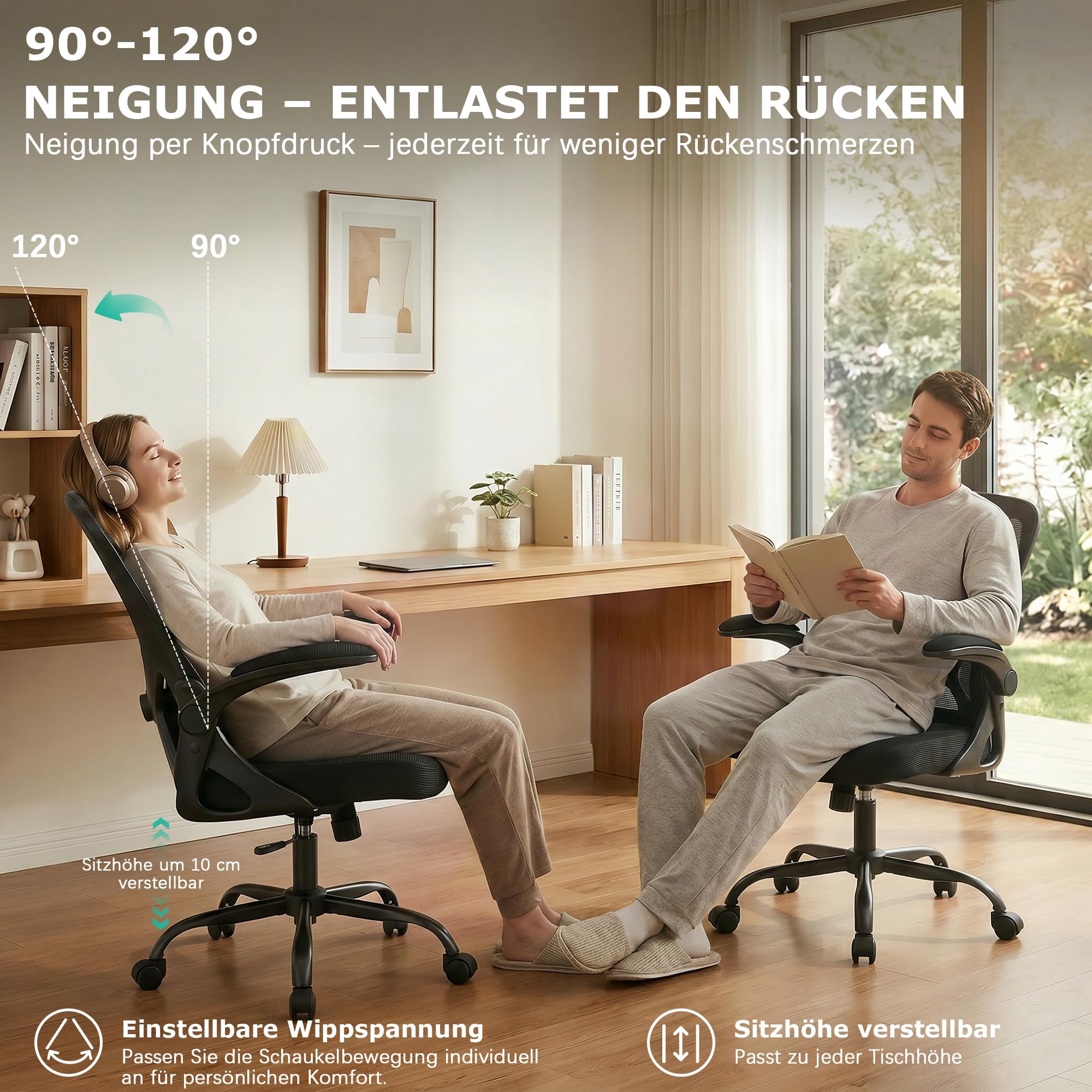 Ergonomischer Bürostuhl mit hochklappbaren Armlehnen, Schwarz