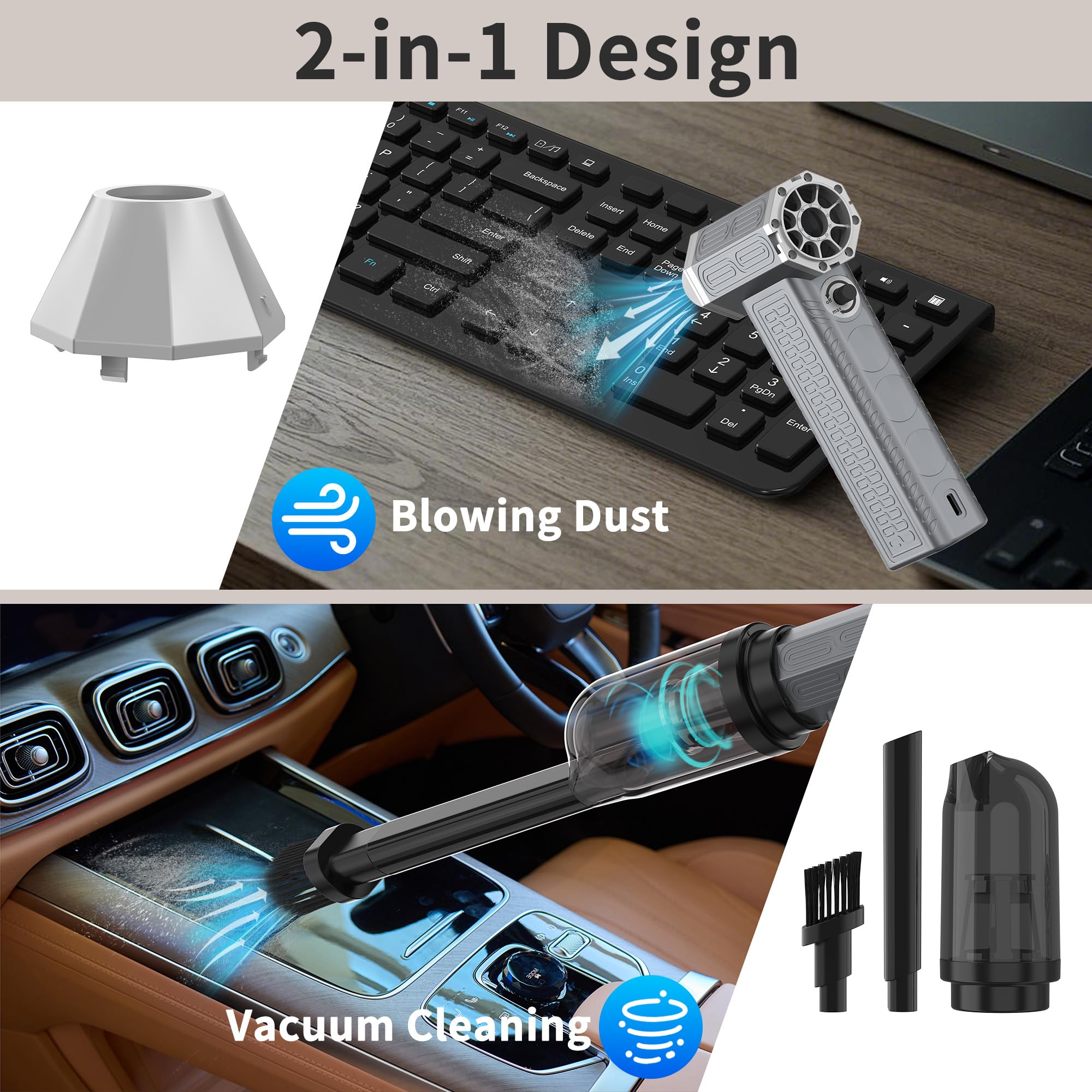 Ergopollo Compressed Air Duster - 130000RPM Super Power Electric Air Duster, 2 in 1 Mini Rechargeable Cordless Air Blower and Vacuum Cleaner for Keyboard, PC, Car Cleaning, (Silver Gray)