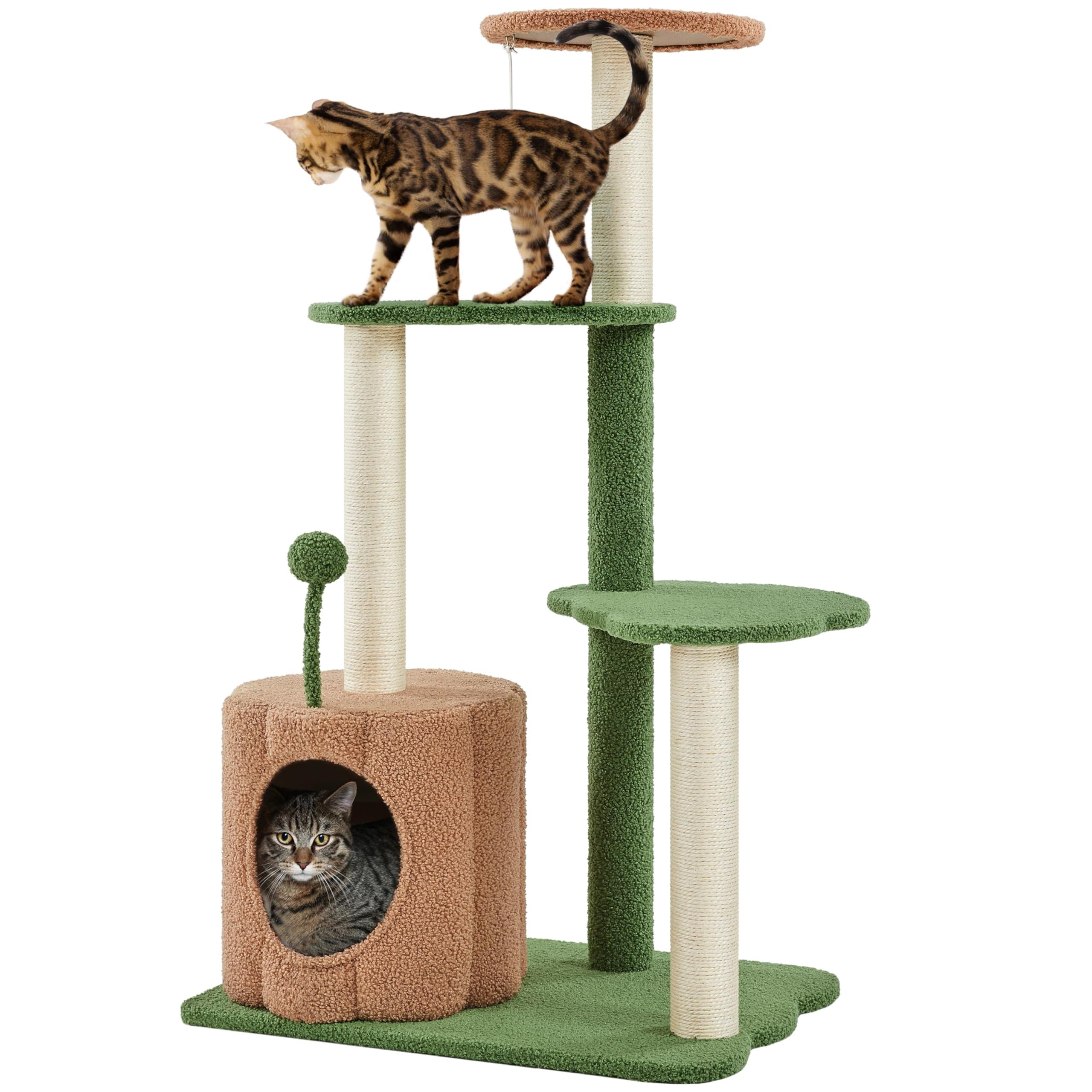 Topeakmart Cat Tree, 42in Pumpkin Cat Tower with Spring Teasing Ball and Leaf Shape Design, Cute Cat Tree with Natural Sisal Scratching Posts, Platform, Condo for Indoor Cats, Green & Brown