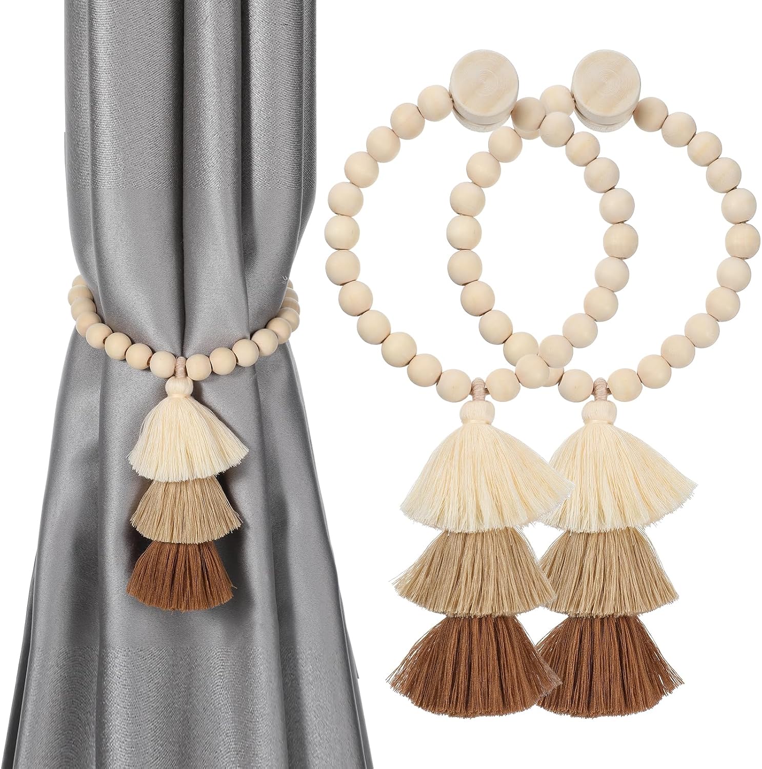 2 Pack Wooden Bead Curtain Tiebacks Magnetic Boho Tassel Curtain Tie Backs Elegant Handmade Curtain Holders Farmhouse Drapes Tiebacks Drapery Curtain Ties Home Decor for Window Bedroom Office Thick