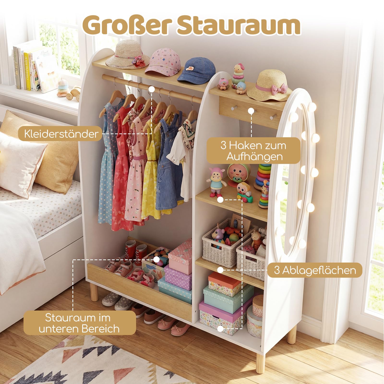 COSTWAY Kleiderschrank Kinder mit Beleuchtung, Kindergarderobe mit Spiegel, Kleiderstange, Regalen & Haken, Kleiderständer aus Holz für Kinderzimmer, 91 x 28 x 110 cm, Weiß