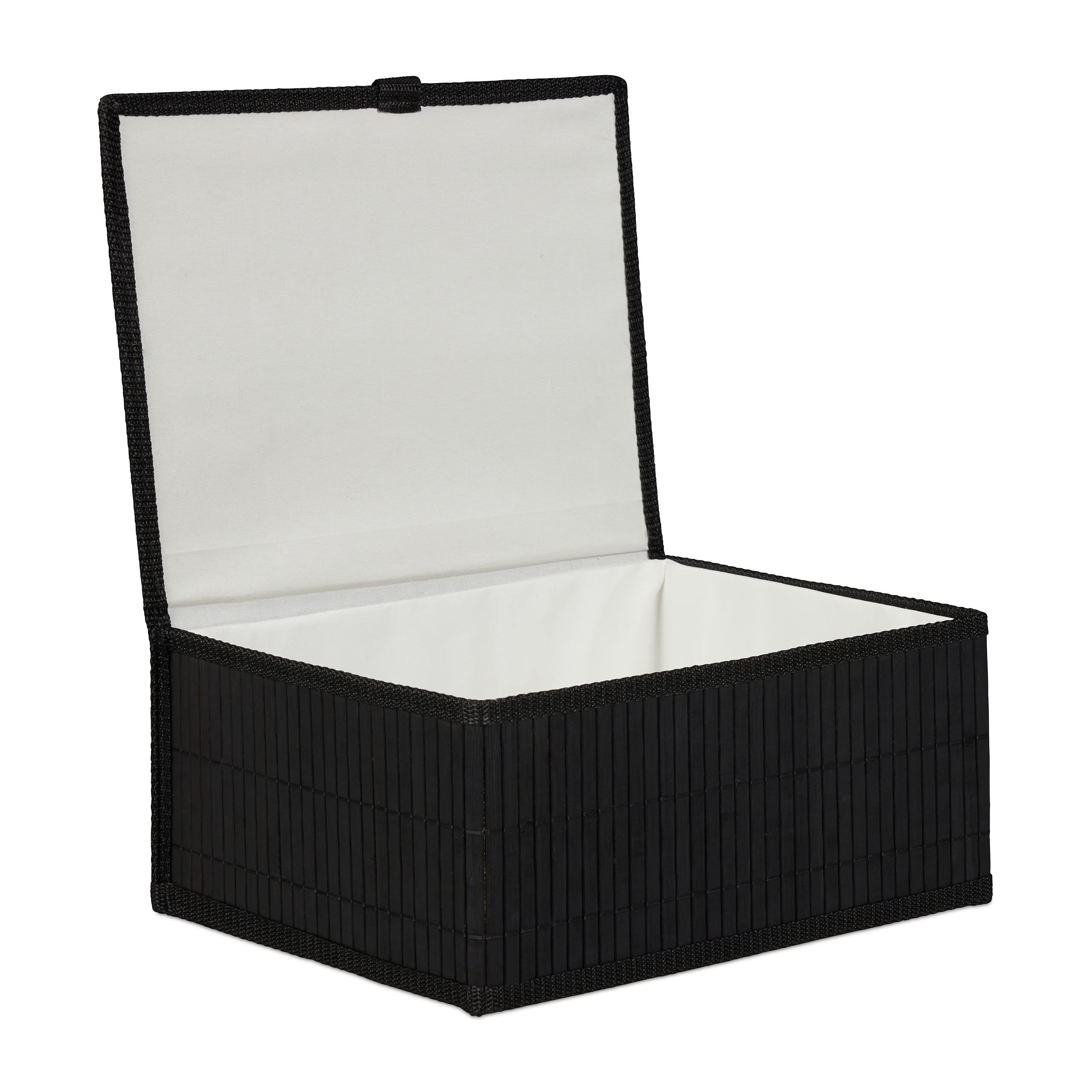 Relaxdays Set de Tres cestas de almacenaje, con Tapa, Funda Textil, Bambú, Decorativo, Negro