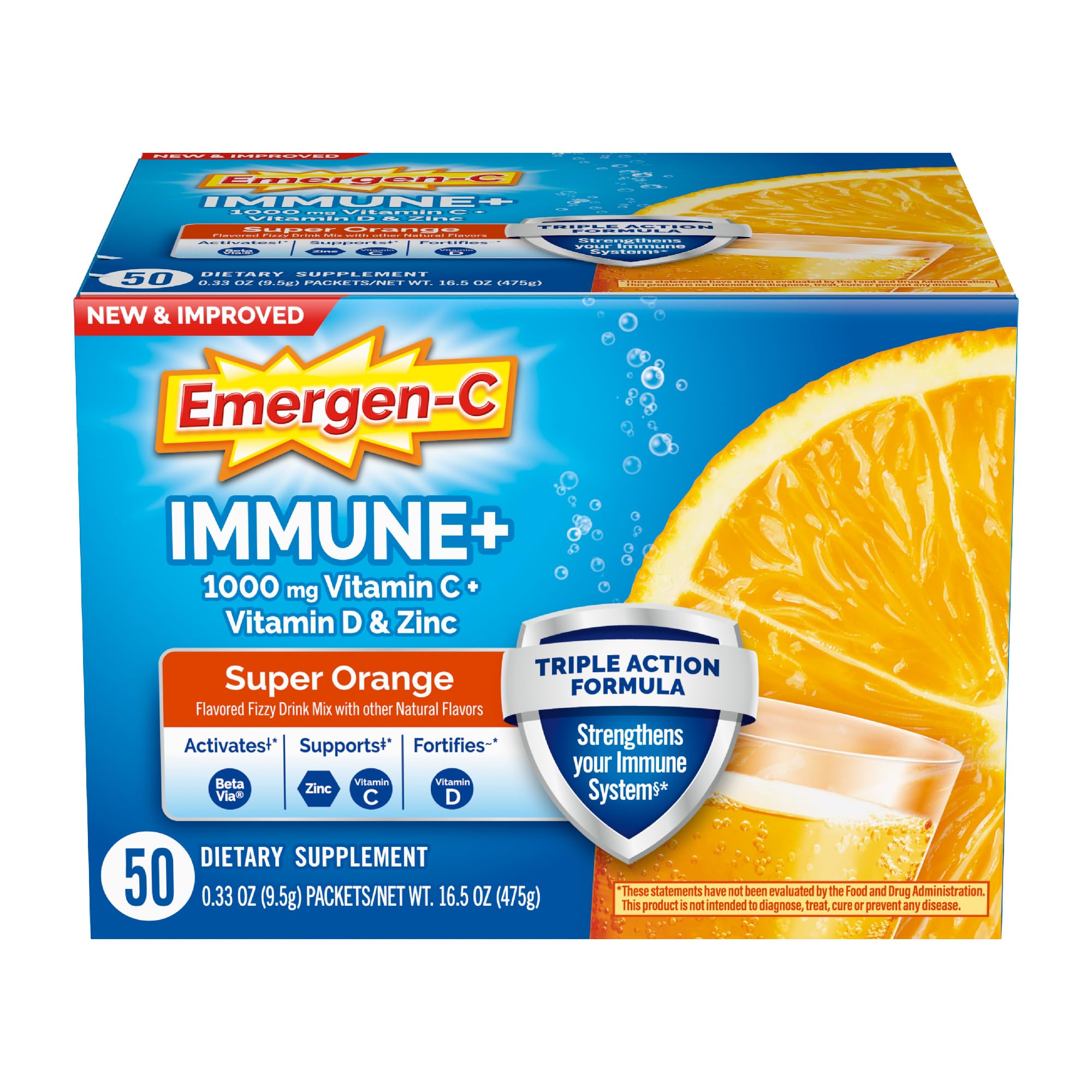 Emergen-C Immune+ Triple Action Immune Support Powder, BetaVia (R), 1000mg Vitamin C, B Vitamins, Vitamin D and Antioxidants, Super Orange – 50 Count