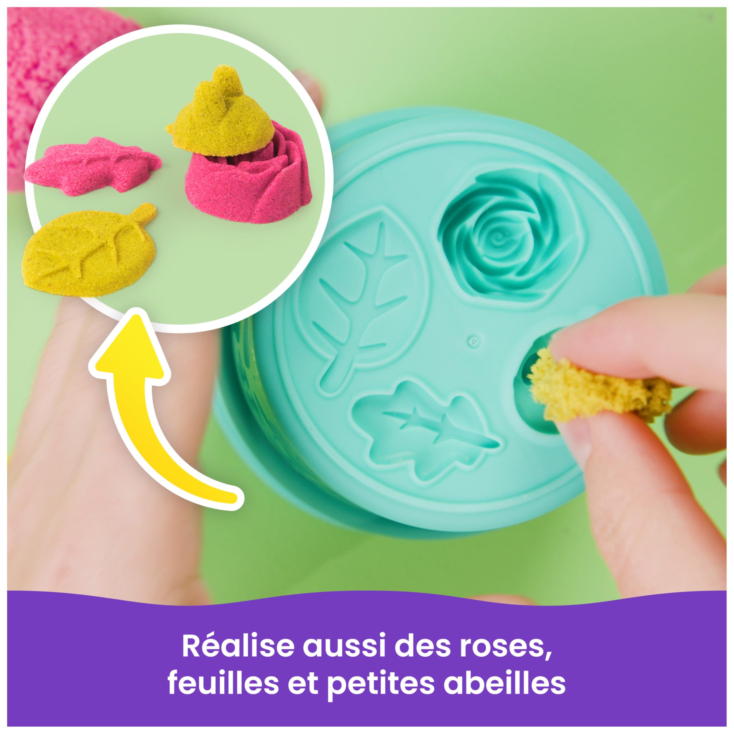 Kinetic Sand – Fleur Magique SquishBlossom 227 G – Rose Et Jaune Fluo – Moules Fleur, Abeille, Feuille – Sensoriel – Dès 5 Ans