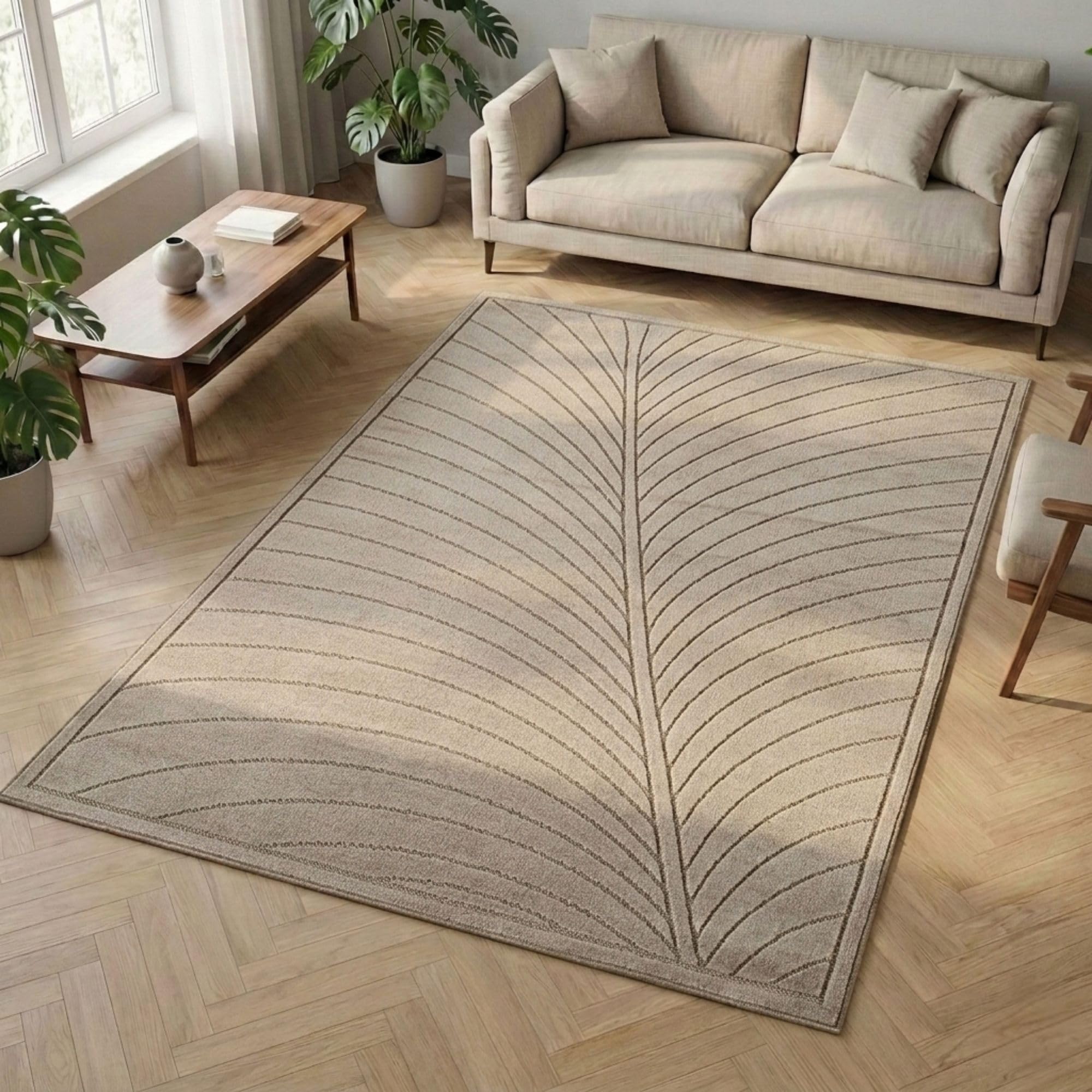 Carpetsale24 Kurzflor Teppich Beige Wohnzimmer Schlafzimmer 3D Hoch-Tief-Effekt, Skandinavisch Boho Motiv, für Outdoor Bereich geeignet Terrassen oder im Balkon