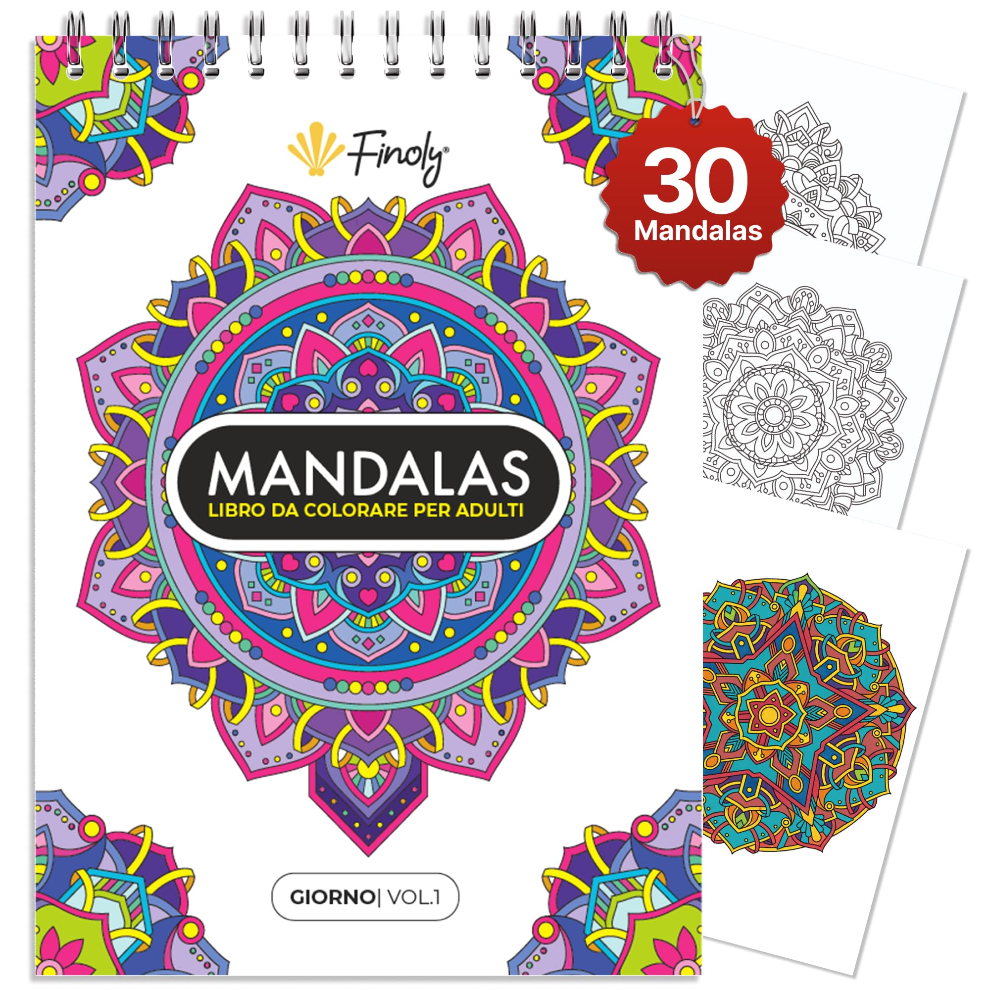 Finoly Libro mandala da colorare per adulti | Quaderno da colorare | 30 illustrazioni originali | Formato A4 | Carta Premium | Rilegatura a spirale Volume 1 (Giorno VOL 1)