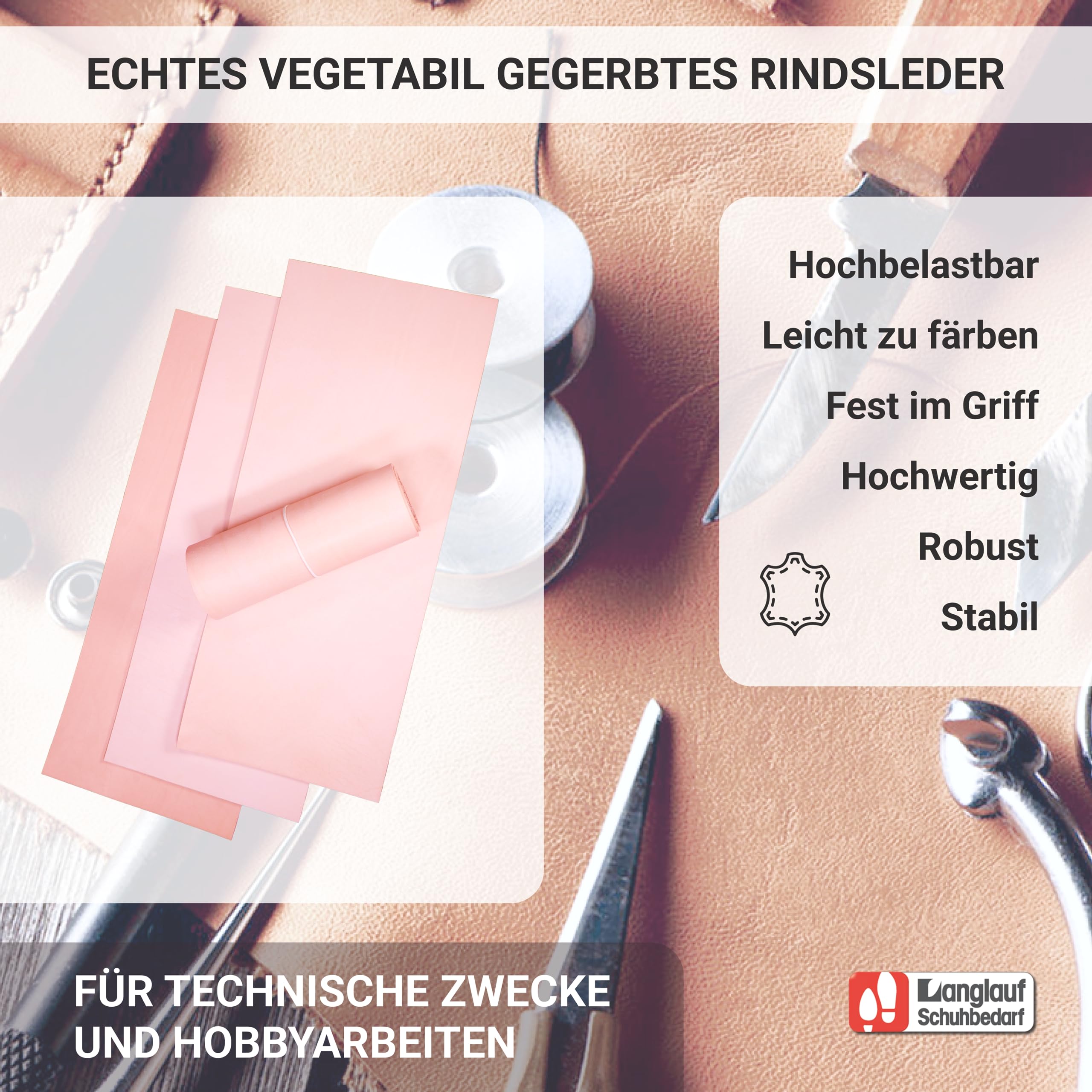 Langlauf Schuhbedarf® Pelle punziata XXL, grande taglio in pelle, pelle bovina, pelle spessa, 250 mm x 600 mm, pelle bovina conciata al vegetale, pelle bovina (spessore pelle 1,7 – 2,0 mm)