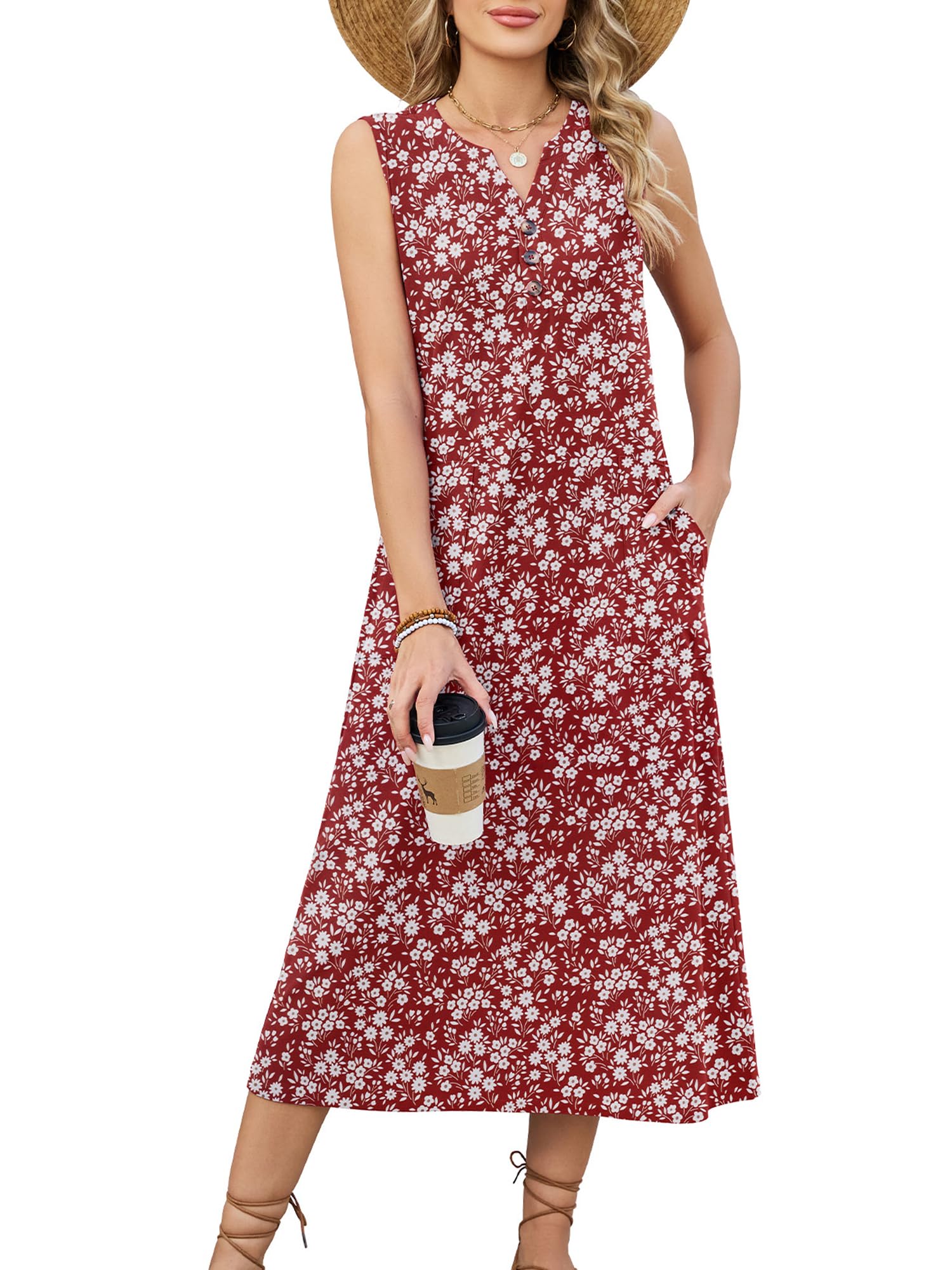 StylSense Sommerkleid Damen Lang Ärmellos Midikleid V Ausschnitt Elegant Blumenkleid Casual Strandkleid mit Taschen