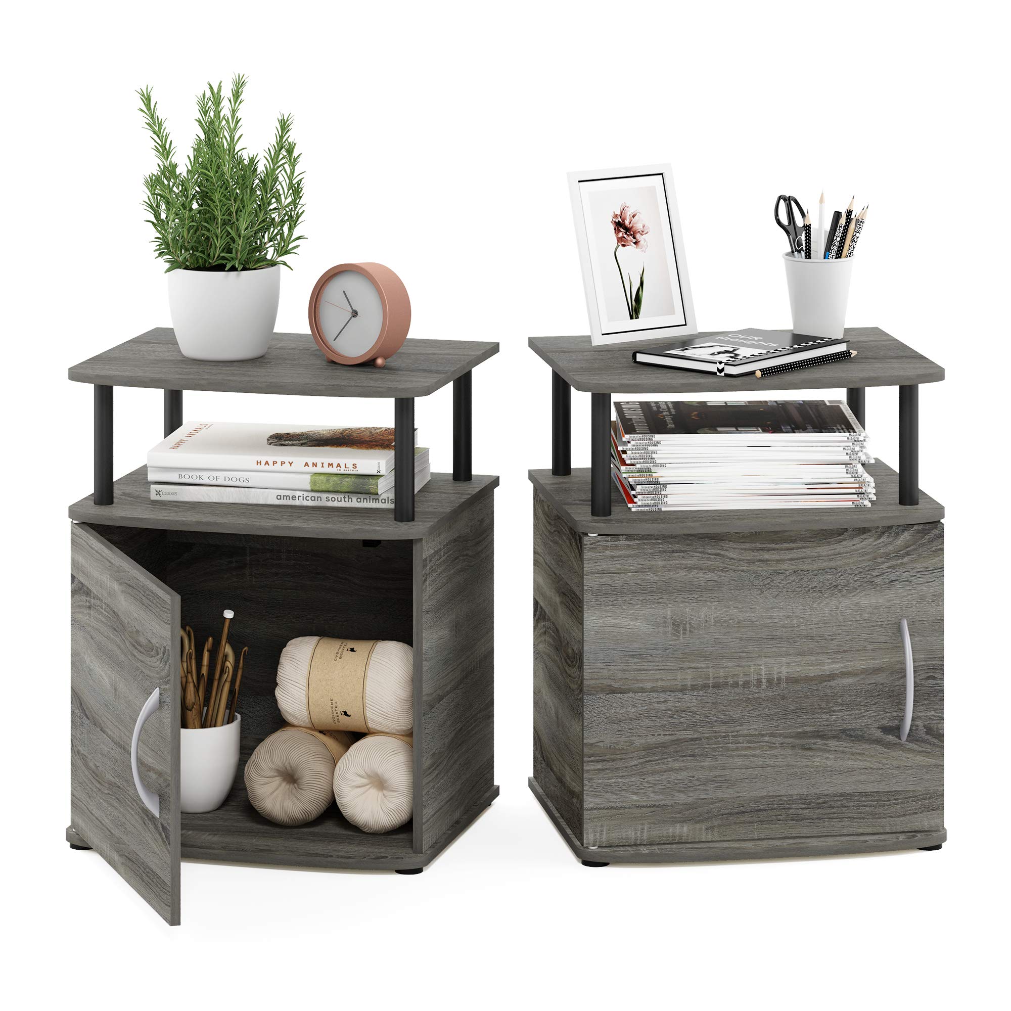 Furinno JAYA End Side Sofa Table/Nightstand with Door, 2-Pack, PVC Tubes, French Oak Grey/Black