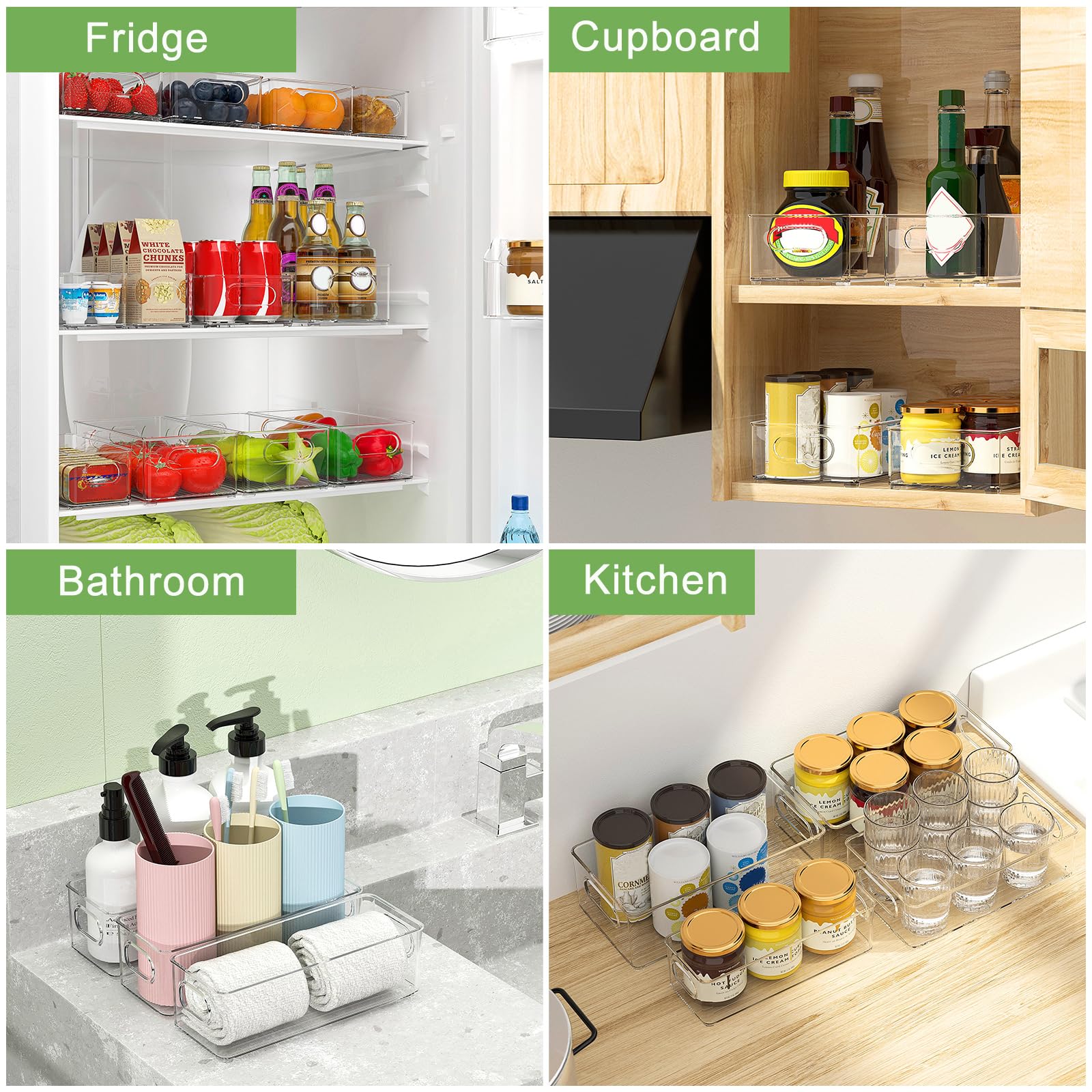 Finew Juego de 12 organizadores para frigoríficos (4 pequeños, 4 medianos, 4 Grandes), recipientes apilables para frigorífico, Caja Transparente para Cocina, despensa, armarios, fregaderos