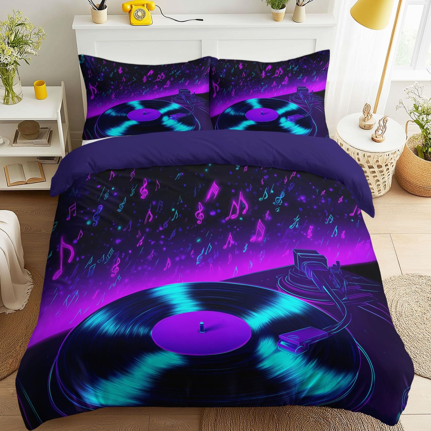 Generisch Bettwäsche-Set - Vinyl Schallplatte Musiknote Bettbezug & Kopfkissenbezug, Musik Futuristisch Techno weiches Mikrofaser-Bettbezug-Set für Jungen und Mädchen, 220 x 240 cm