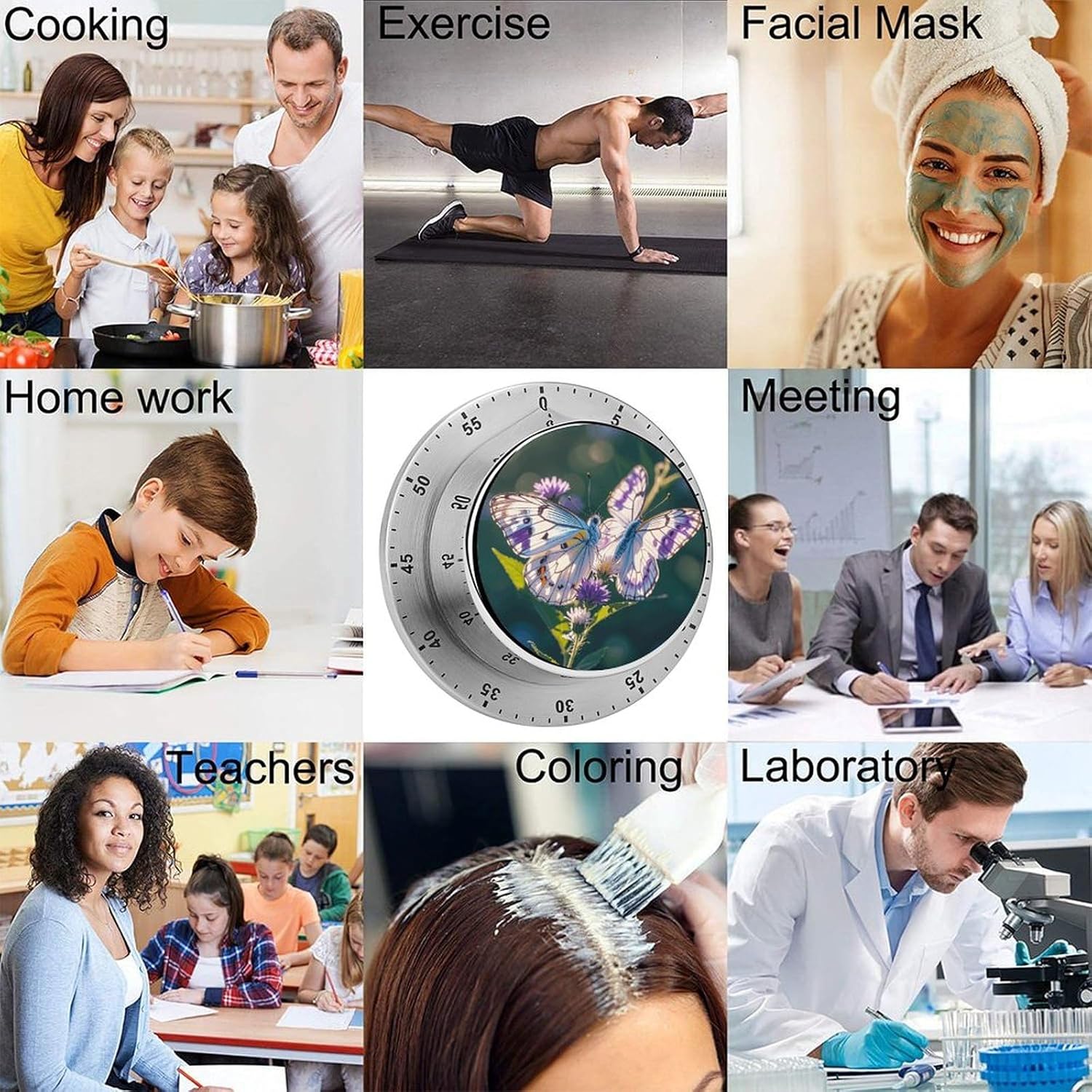 White Purple Butterflies Timer Stainless Steel Kitchen Timers Waterproof & Rust-Proof 60 Minute Mechanical Timer with Loud Alarm for Cooking, Baking, Fitness