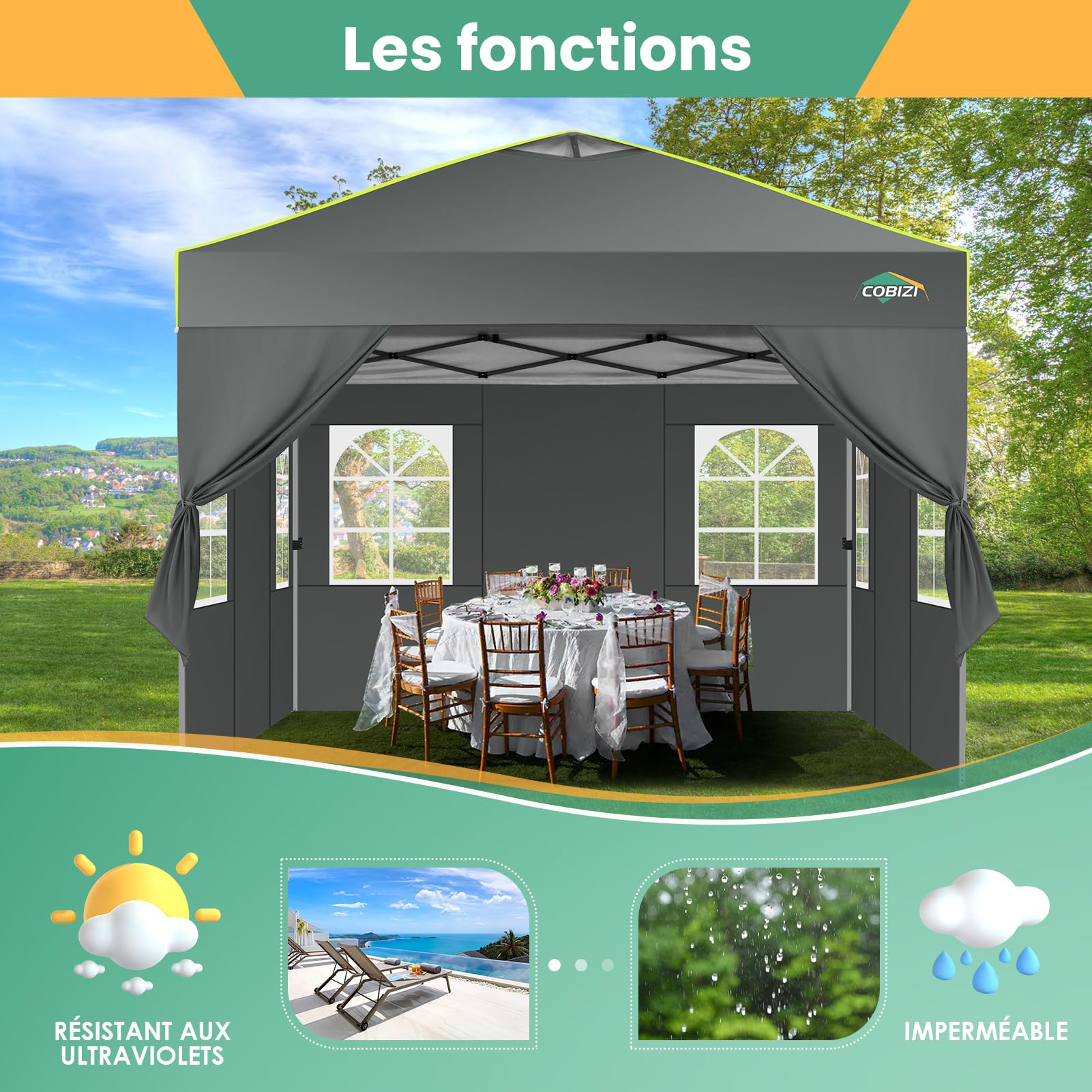 COBIZI Pavillon 3x3 Faltpavillon wasserdicht Winterfest, EIN-Tasten-Zentralverriegelung Partyzelt Faltbar Anti-UV mit Fluoreszierenden Streifen, 4 Seitenwänden, 3 Höhenverstellbar,Gartenzelt, Grau | Ein-Knopf-Zentralverriegelung, 4 SeitenwäNde, UV-Schutz,