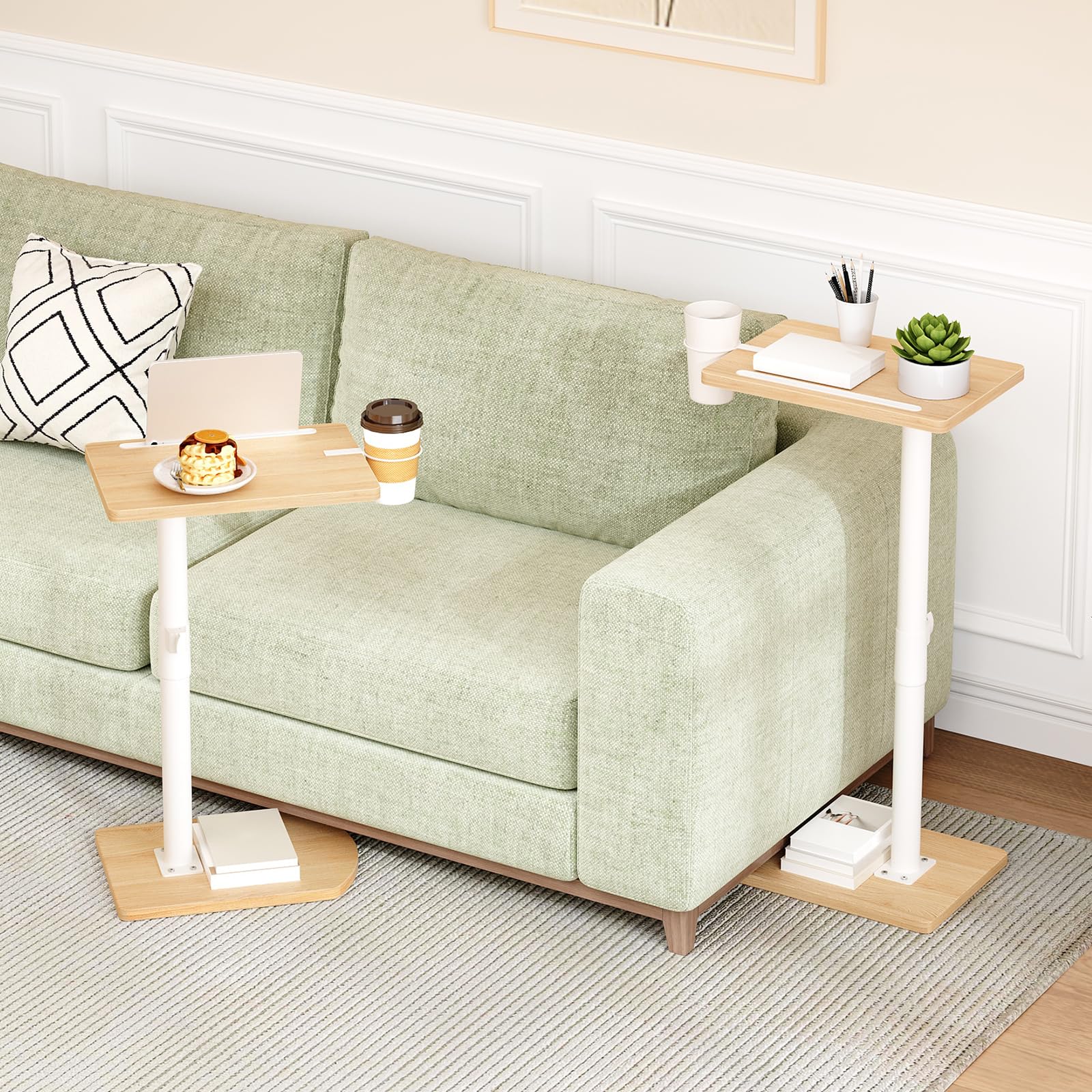 HOOBRO Mesa Auxiliar en Forma de C, Mesa de Sofá Giratoria 360°, Portavasos Extraíble y Ranura para Tableta, Salón, Dormitorio, Blanco y Natural EWN34SF01