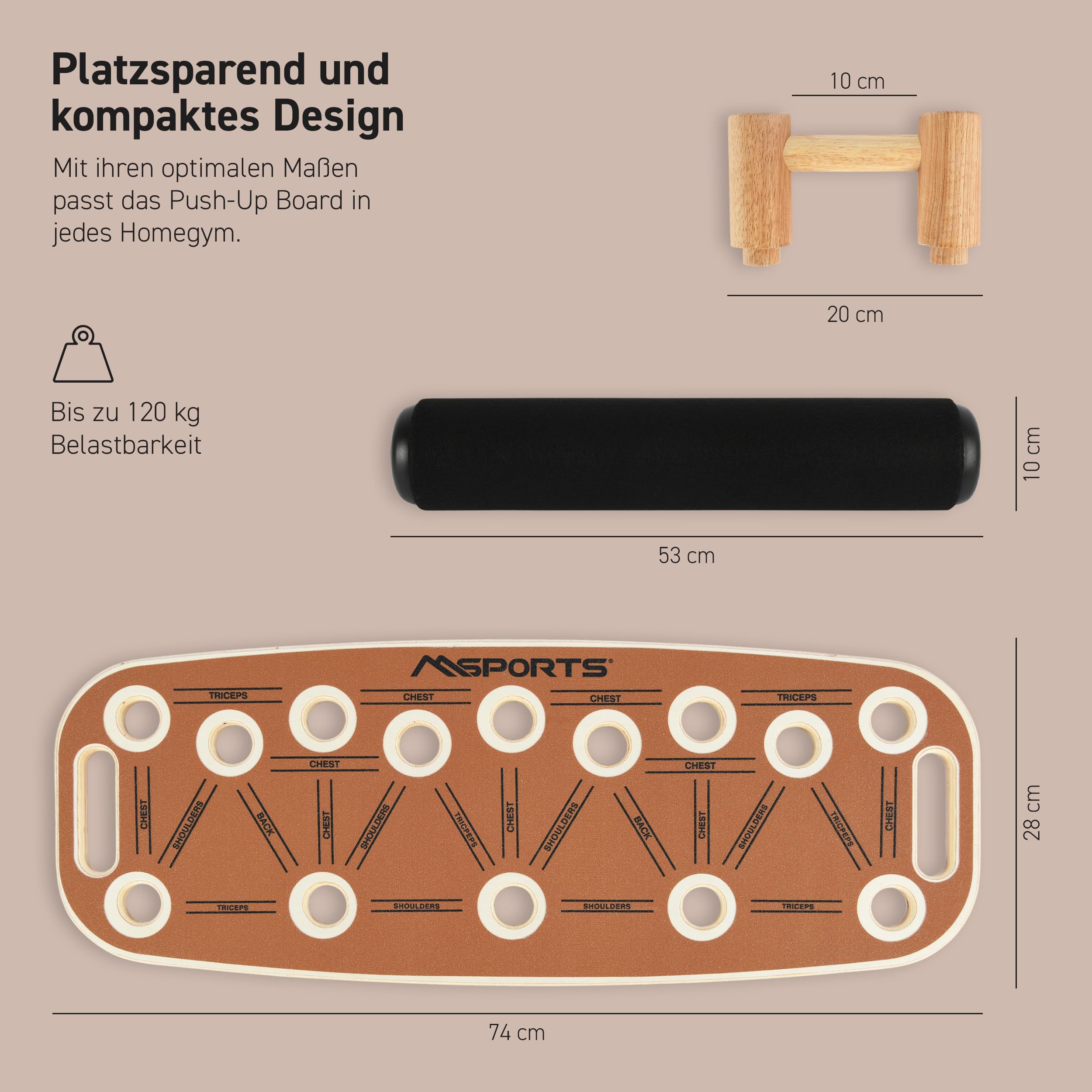 MSPORTS Push-Up Board Holz Premium mit Rolle – Multifunktionales Liegestützbrett für Core, Balance & Krafttraining – 15 Griffpositionen, massive Griffe, Anti-Rutsch, Home Gym Fitnessgerät