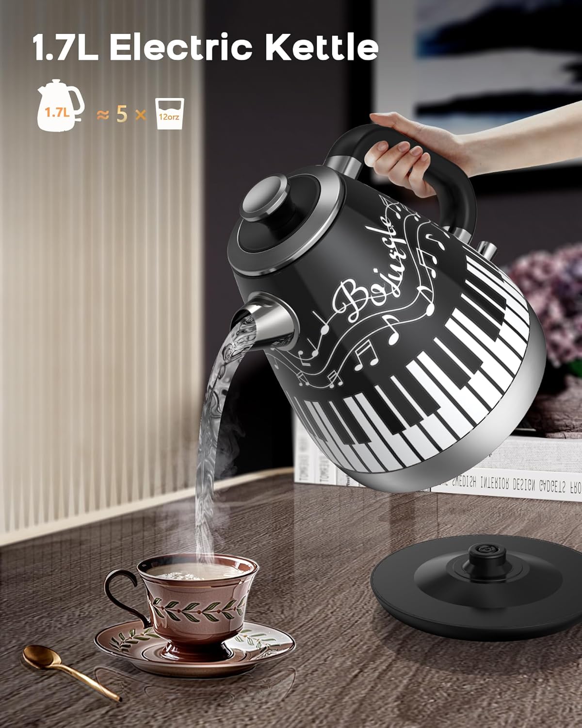 Artistic Electric Kettle with Hand-Applied Piano Keys and Music Note Stickers - 1.7L Stainless Steel Tea Kettle with LED Indicator, BPA-Free, 1200W Rapid Boil, Auto Shut-Off and Boil-Dry Protection