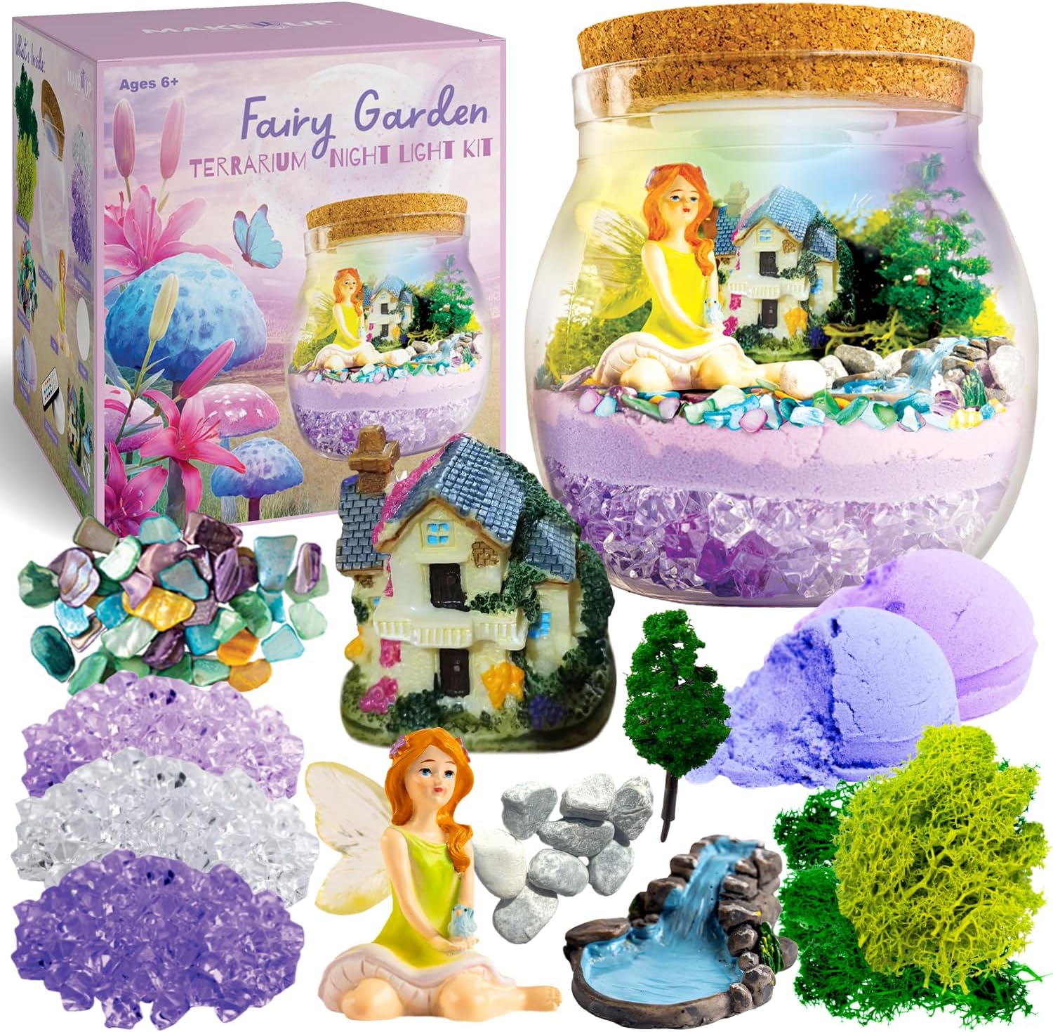 Make it Up Fairy Garden Light Terrarium Kit for Kids I Girls Toys Craft Kits for Kids I Night Light for Kids Crystal Growing Kit I Terrarium Jar for Kids I Birthday Gifts for Girls Age 4-12