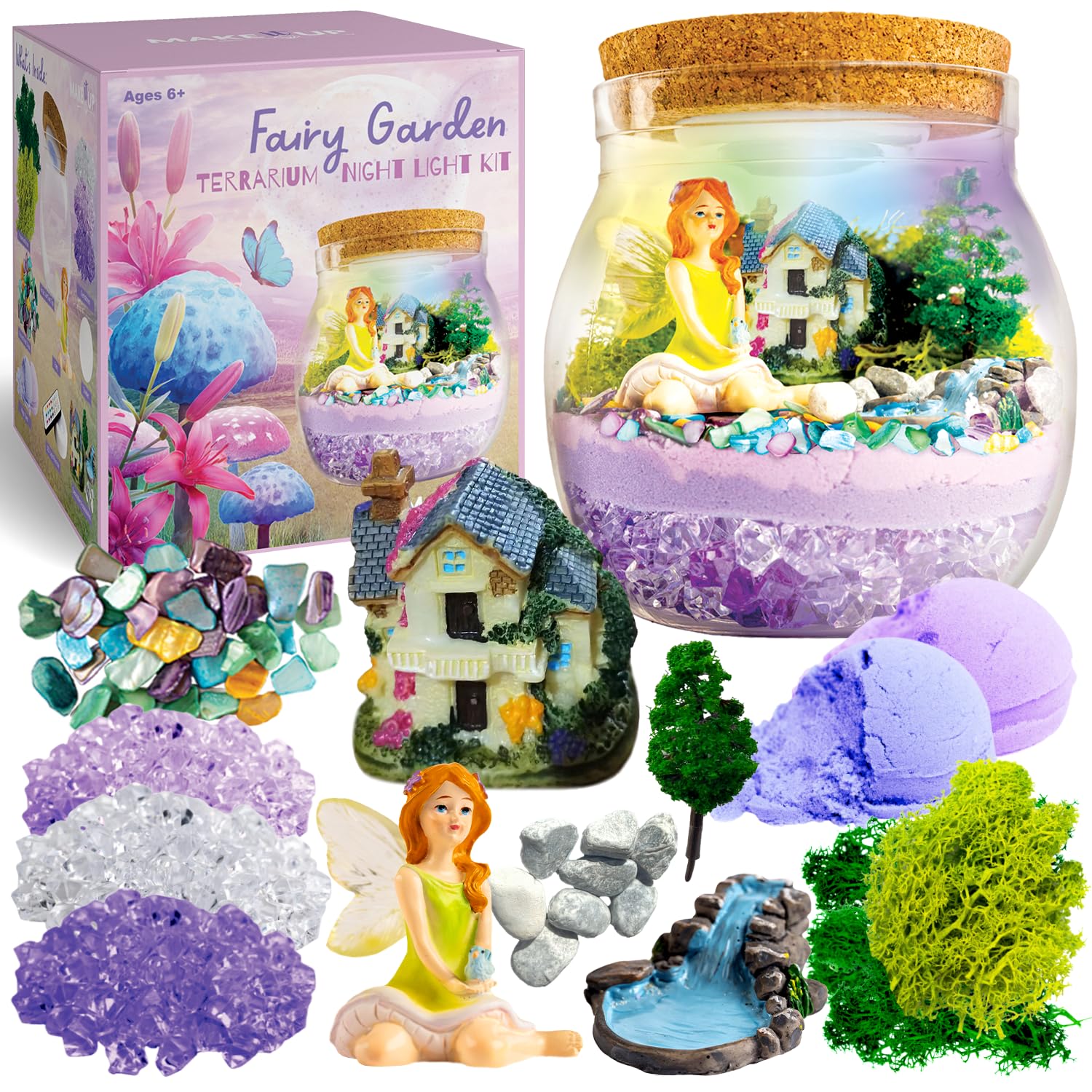 Make it Up Fairy Garden Light Terrarium Kit for Kids I Girls Toys Craft Kits for Kids I Night Light for Kids Crystal Growing Kit I Terrarium Jar for Kids I Birthday Gifts for Girls Age 4-12