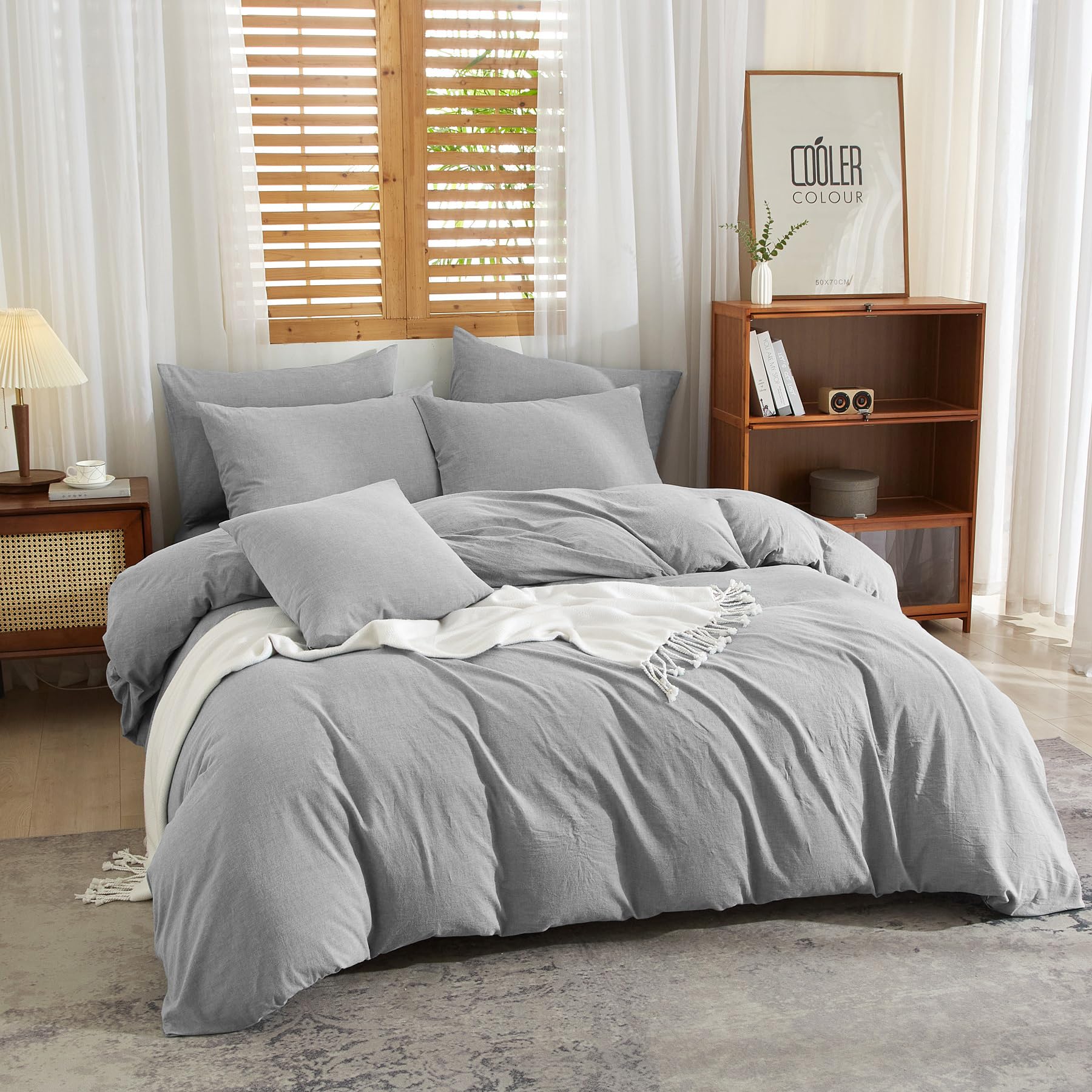 Funda nórdica de 240 x 260 cm, color gris claro, suave, transpirable, suave, mezcla de algodón, lino, ropa de cama para 2 personas con cremallera y fundas de almohada de 65 x 65 cm