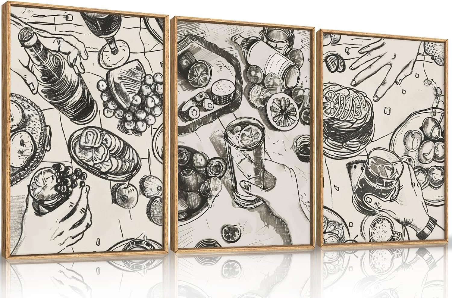 lianyibo Duży obraz na płótnie w stylu retro, obrazy ścienne w stylu połowy wieku na temat "Spotkania i kolacja" do kuchni i jadalni (60 x 90 cm x 3 / rama wewnętrzna)