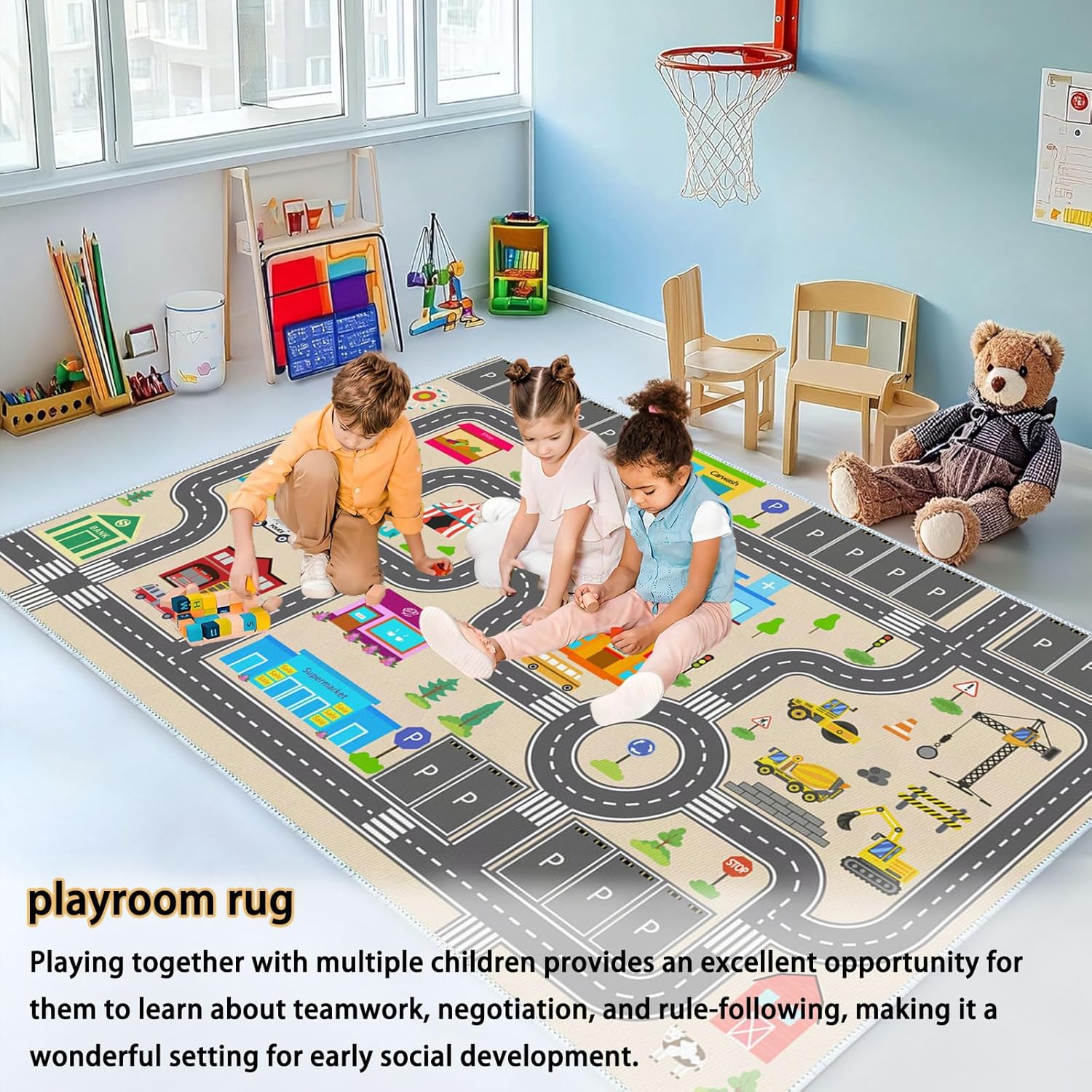 Kids Rug Play Mat for Toy Cars,City Life Road Traffic Educational Carpet,Have Fun Throw Rug,Non-Slip Nursery Rug for Boy and Girl Bedroom 80×160cm/31×63in