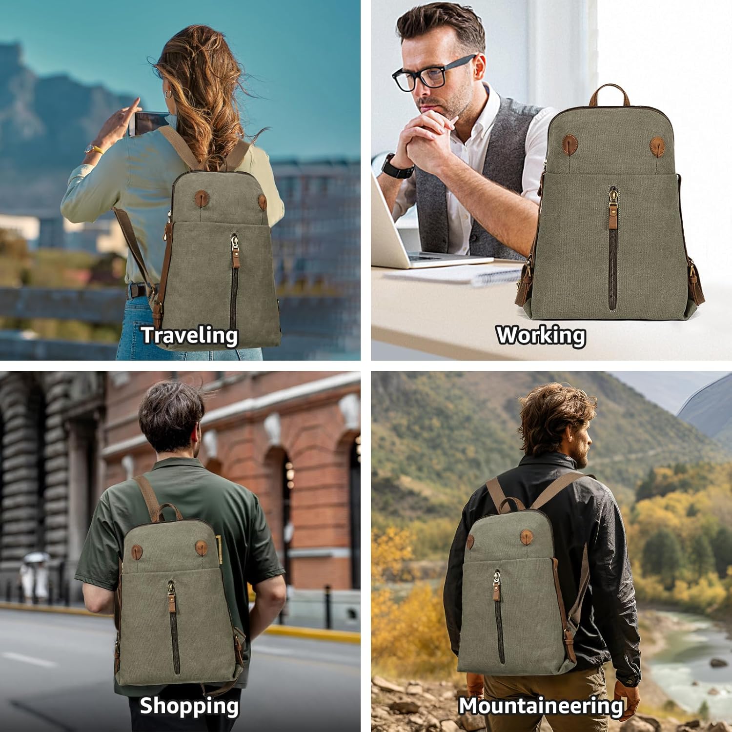KL928 Vintage Canvas Backpack for Men Women, Laptop Rucksack Daypack Backpacks, Outdoor Travel Bagpack, Olive Green