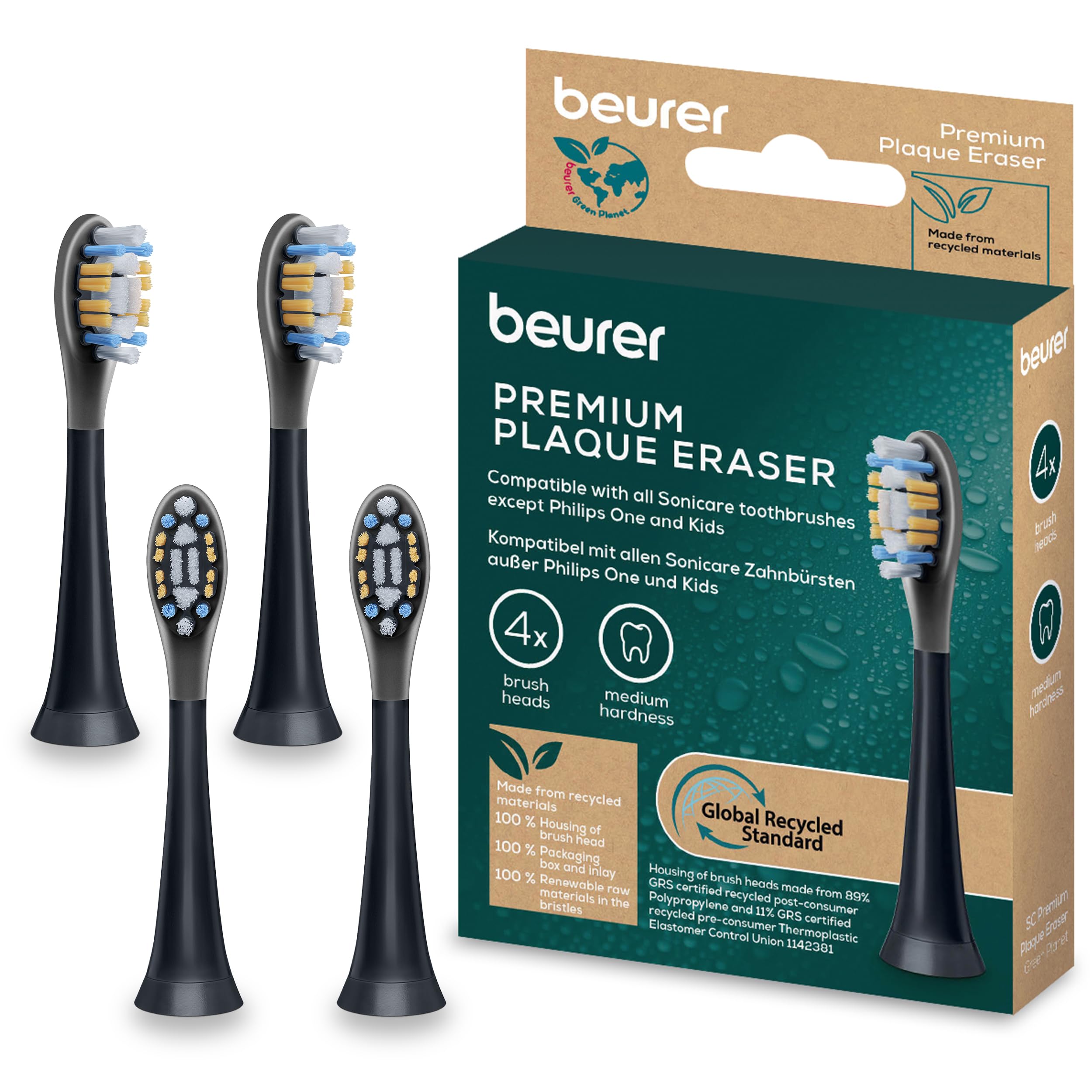 Beurer SC Plaque Eraser Bürstenköpfe für elektrische Zahnbürste, 4 Ersatzbürsten kompatibel mit SC 30, 50 & Philips Sonicare Schallzahnbürsten, Borsten mit optimierter Vibration, Härtegrad Mittel
