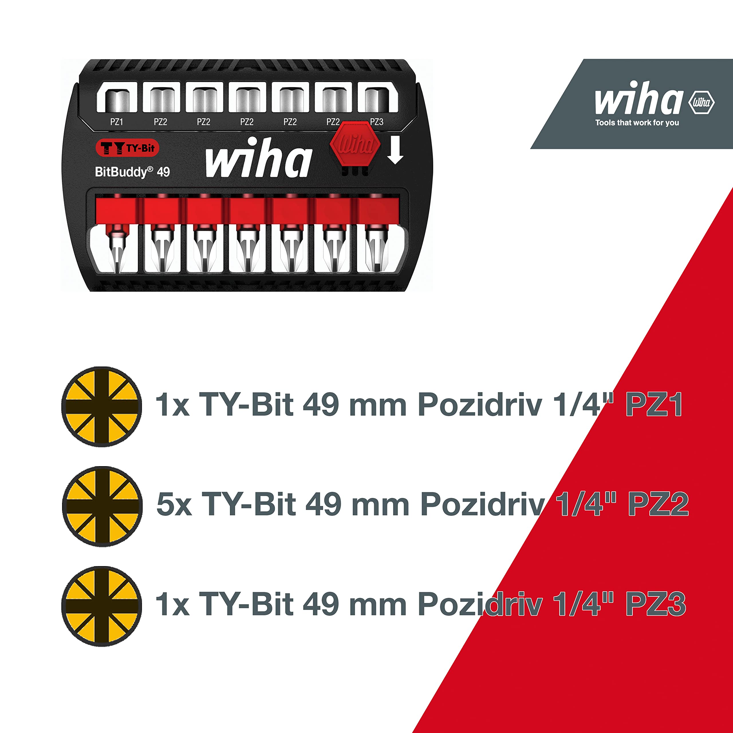 Wiha Juego de bits BitBuddy®, bits en TY de 49 mm Pozidriv de 8 unid. de 1/4" E6,3 (42099)