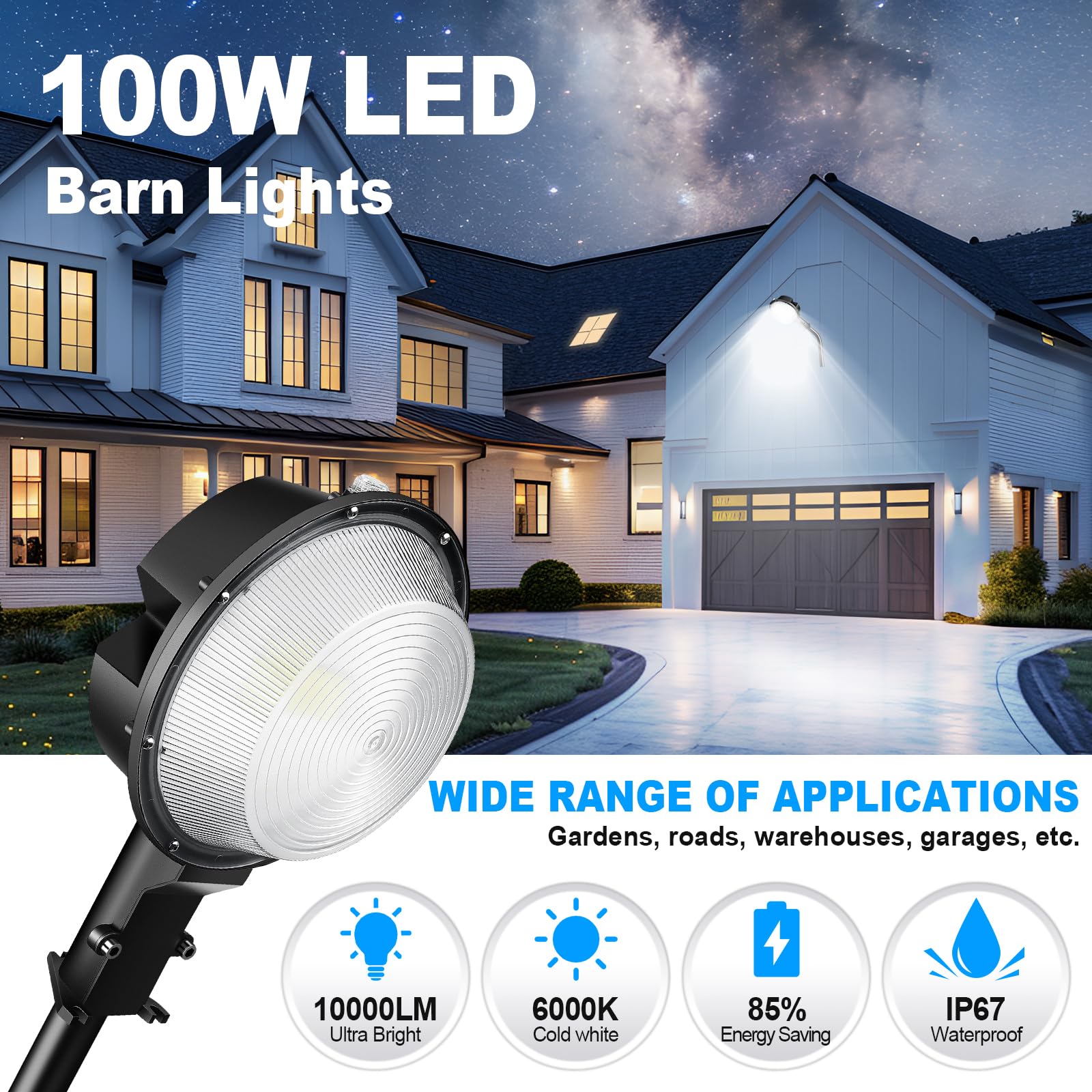 SKYWORLD 2 x 100W Luce per Fienile a Led, 10000LM Lampioni Led per Esterni | Proiettore Lampione, dal tramonto all'alba, Luce stradale Impermeabile per Parcheggio Cortile Giardino Piazza, 6000K Bianca
