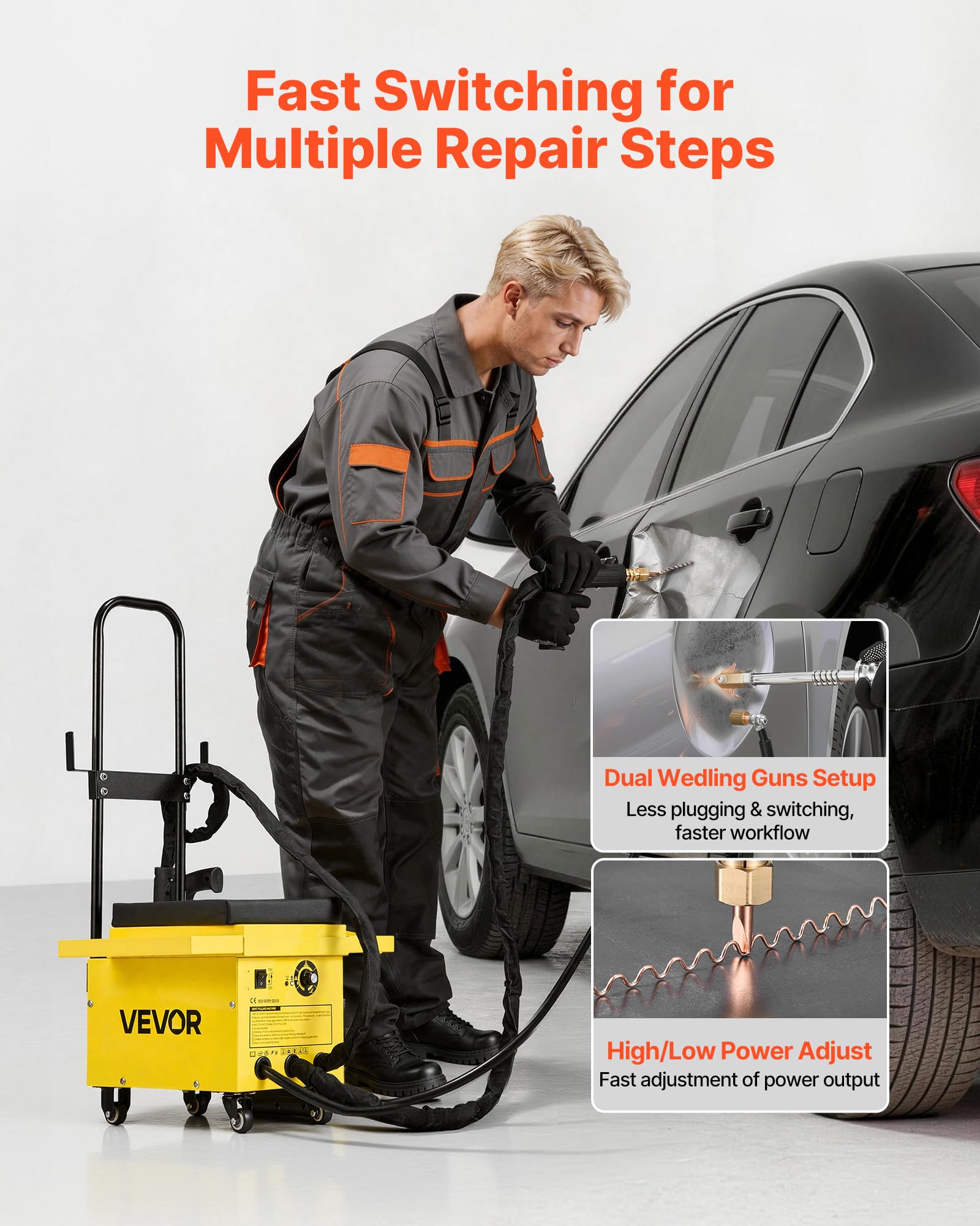 VEVOR Kit de Reparación de Abolladuras de 4,5 kW con Soldador de Pernos, 2 Pistolas, 6 Modos, Kit de Extractor de Abolladuras Coche 3500A/3900A con Ruedas, Asiento Acolchado para Carrocería Automotriz