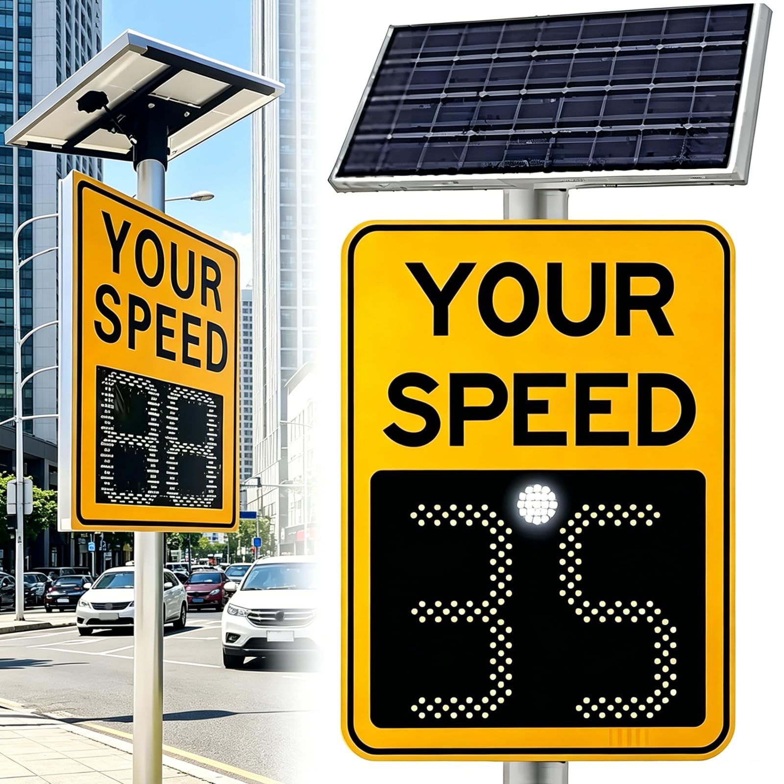 VILA SMO 20"x27" Solar Powered Led Radar Feedback Sign, Flashing Speed Limit Indicator, Visible Distance:>500m, High Brightness Reflective, With Remote Control, For Road Safety