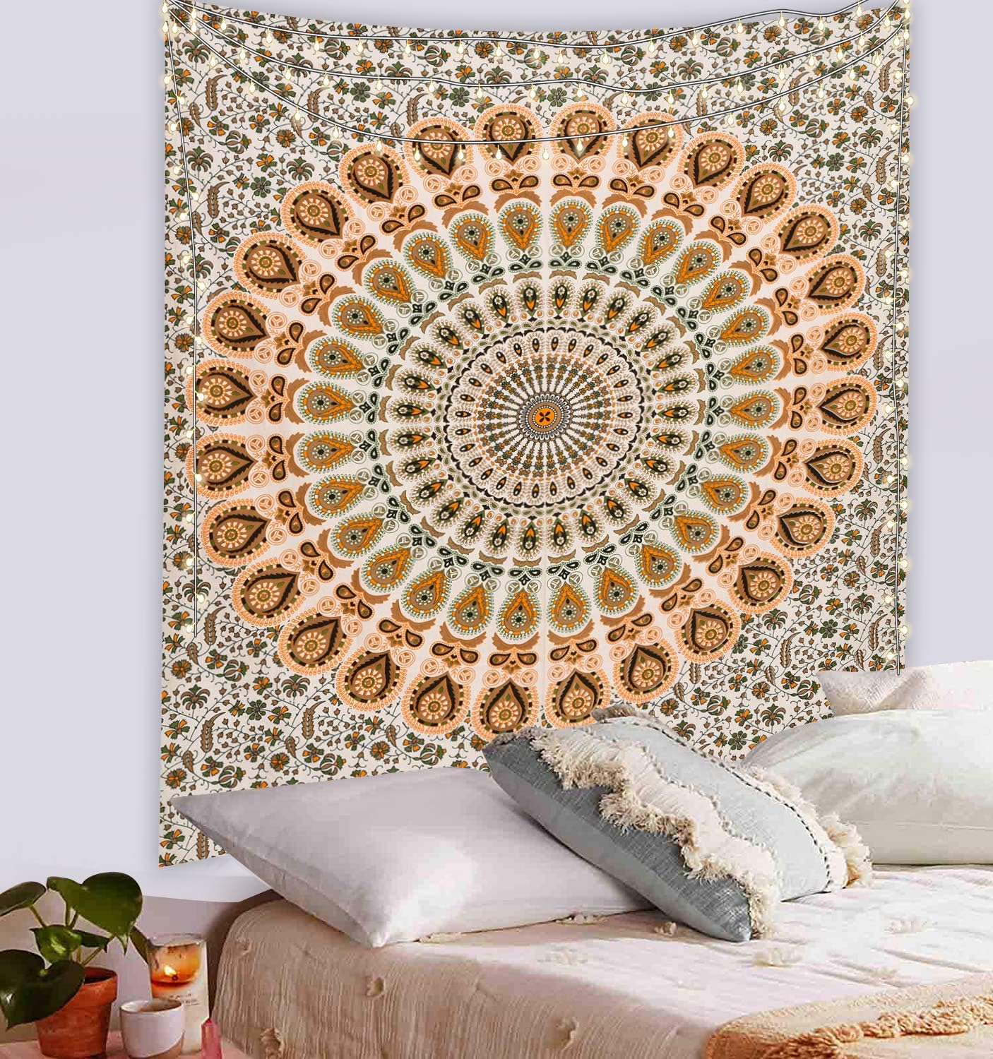 ANJANIYA Indian Mandala Wall Hanging Bohemian Psychedelic Peacock Tapestry, Psychedelic Hippie Mandala Dorm Décor for Hanging, Bedding, Beach Coverlet Curtain (Orange Brown, 54"X60")