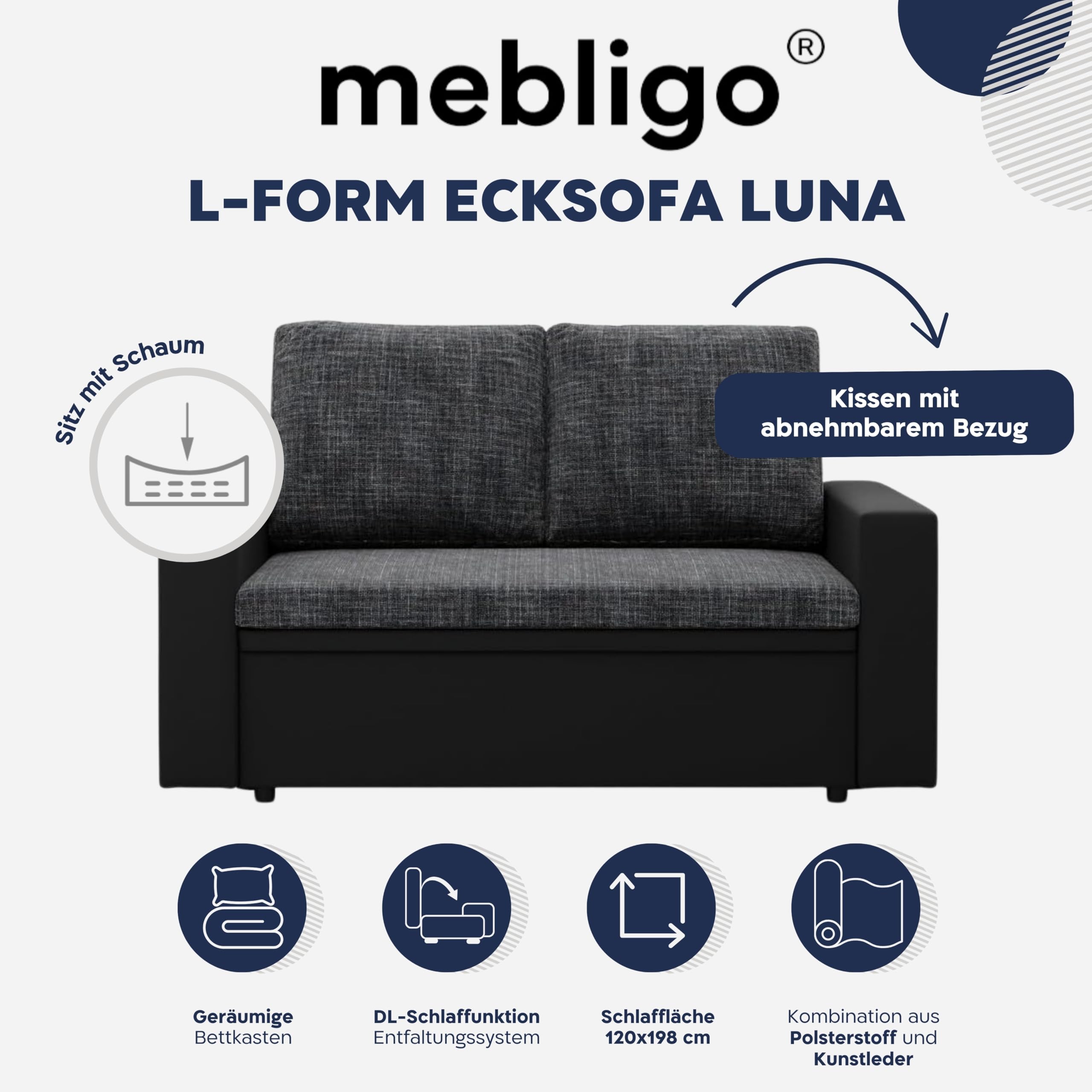 Mebligo - Zweisitzer Sofa Wohnzimmer mit Schlaffunktion, Bettkasten und Kunsteleder 148x90x87 (BxHxT) Dunkelgrau und Schwarz Luna, Schlafsofa Platzsparend, Schlafcouch, Sofabett, Sofa Bed, Bettsofa