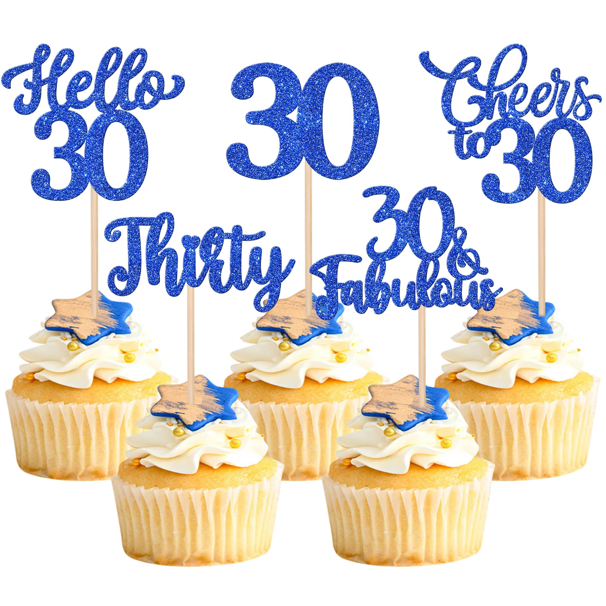 Xsstarmi 30 Pack Happy 30th Birthday Cupcake Toppers Blue Glitter Hello 30 Fabulous Thirty Birthday Cupcake Picks Cheers to 30 Years Cake Decorations for Happy 30th Birthday Party Supplies