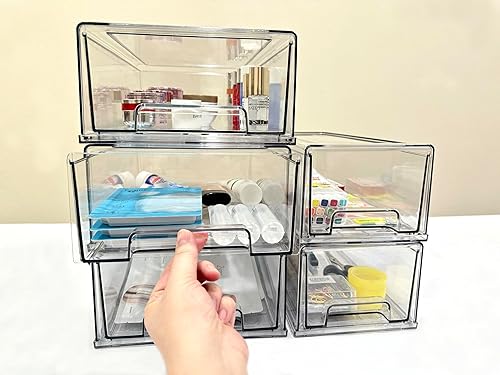 Miniatura 6 de Cajones de almacenamiento apilables, organizador extraíble transparente con asas y almohadillas antideslizantes para cocina, refrigerador,