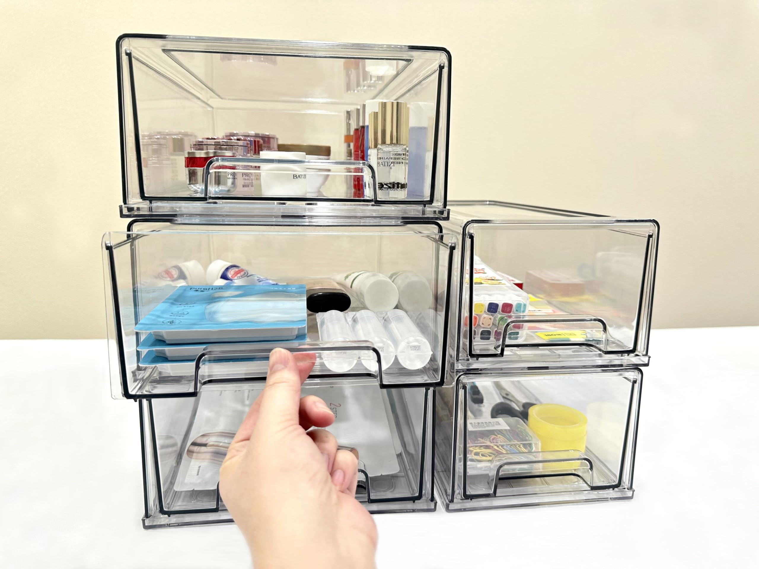Cajones de almacenamiento apilables, organizador extraíble transparente con asas y almohadillas antideslizantes para cocina, refrigerador, escritorio de oficina, despensa y estantes, perfecto para 6