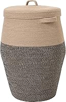 Vista 21 de Cesta alta de cuerda de algodón hecha a mano de 26 x 20 pulgadas con tapa, elegante forma de flagón con tapa, cesta de ropa con parte superior