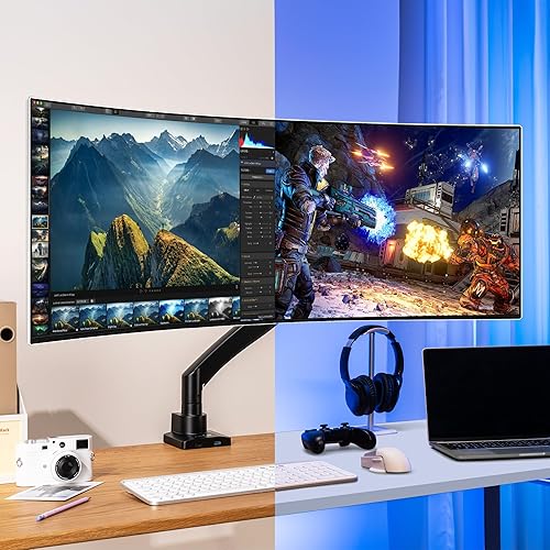 Miniatura 4 de AVLT Brazo de monitor súper ultra ancho de 17"-57" para pantallas de hasta 59.5 libras, soporte de escritorio de aluminio premium, altura neumática