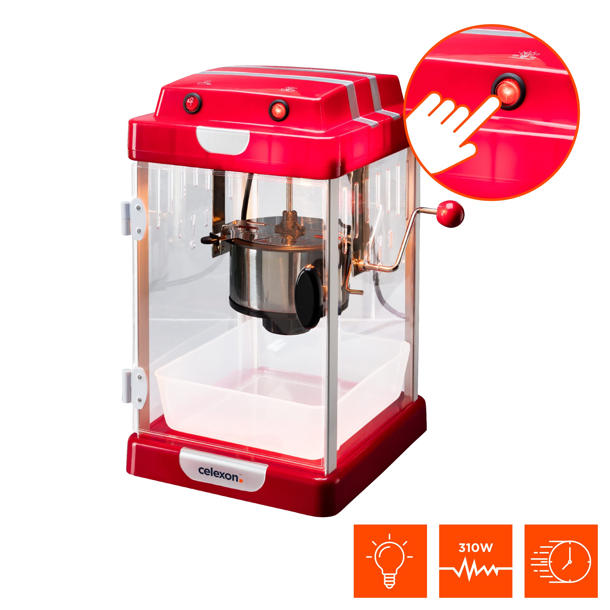 celexon CinePop CP1000 Retro Kino Popcornmaschine | echter Edelstahlkessel & richtiges Rührwerk | Zubereitung mit Öl, Butter, Sirup, Zucker, Salz oder anderen Zutaten