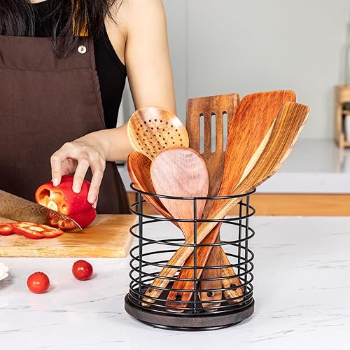 Miniatura 5 de Soporte giratorio de 360 para encimera de cocina, soporte de utensilios de cocina grande de metal y madera de 6.5 pulgadas con orificio de drenaje,