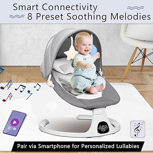 Miniatura 5 de Columpios eléctricos para bebés y niños pequeños con 5 velocidades y 3 posiciones de asiento, mosquetón de 5 puntos, con música Bluetooth, 10