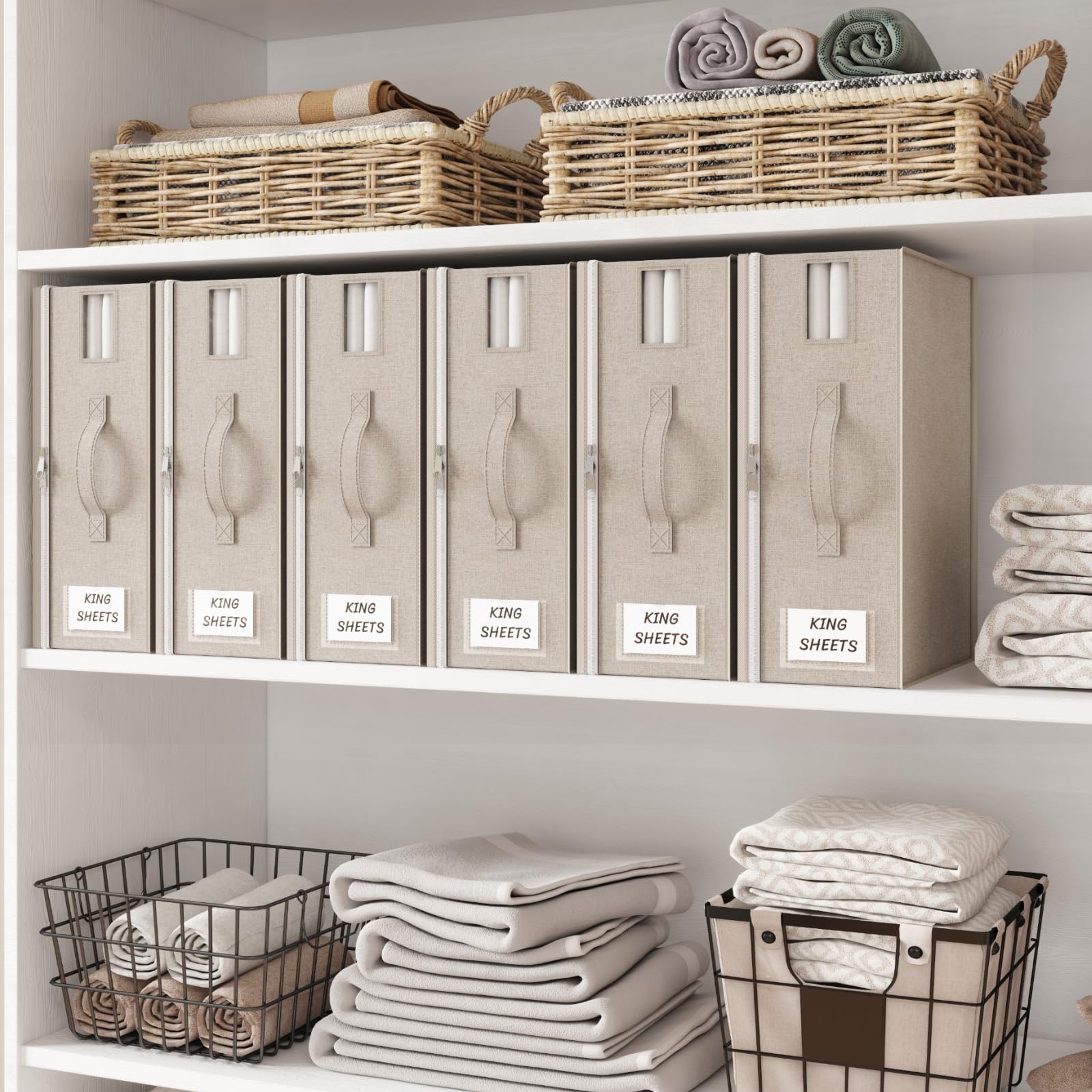 Lifewit 6 Stück Faltbare Aufbewahrungstasche für Bettwäsche, Aufbewahrungsbox mit 2 Sichtfenstern und 1 Etikett, 40 × 30 × 15 cm Organizer für Bettbezüge, Decken (Beige)