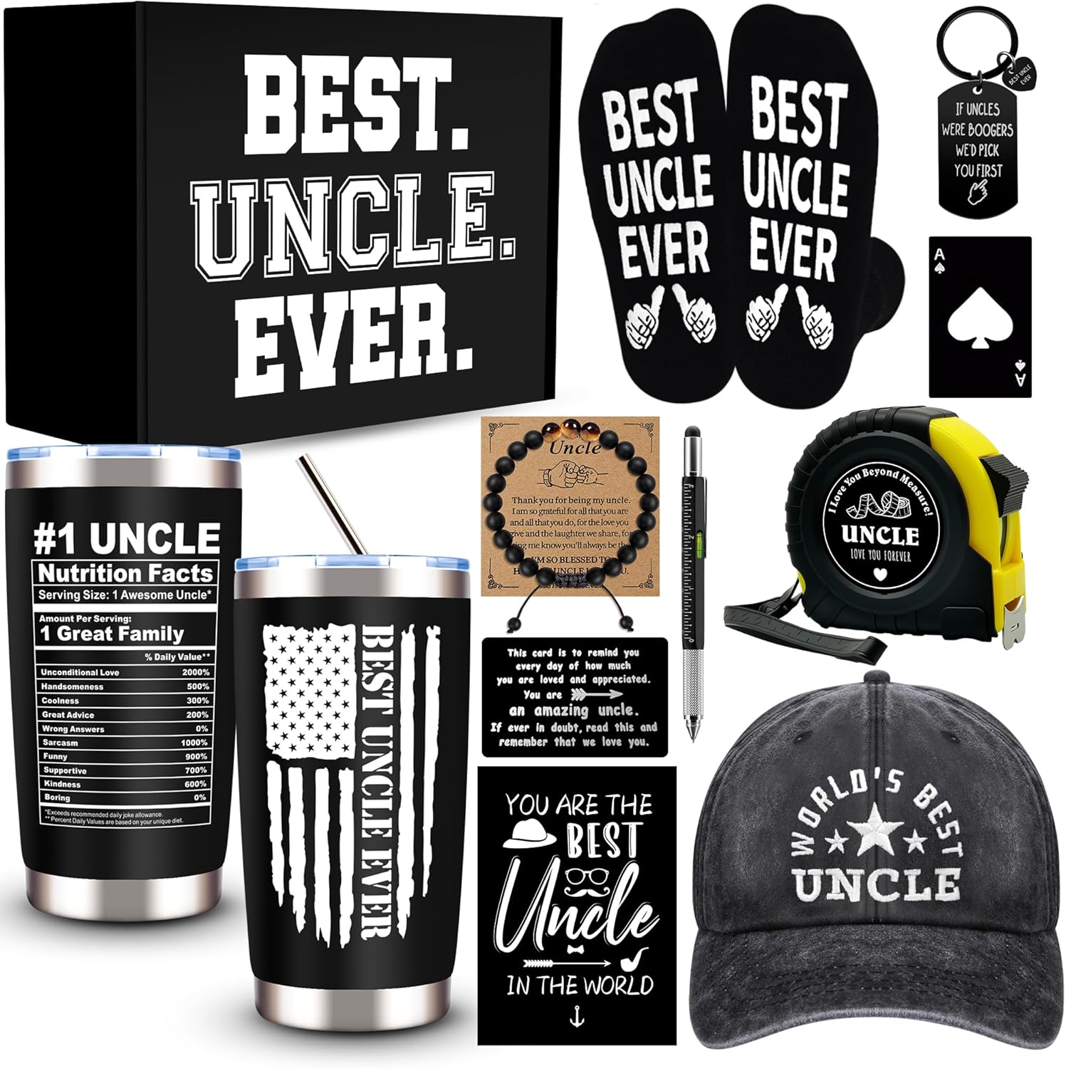 11 Pcs Best Uncle Ever Gift, Father's Day Gifts, Uncle Gifts for Men with 20 Oz Tumbler Socks Baseball Cap Tape Measure Bracelet Wallet Card Keychain, Birthday Christmas Gift from Niece Nephew
