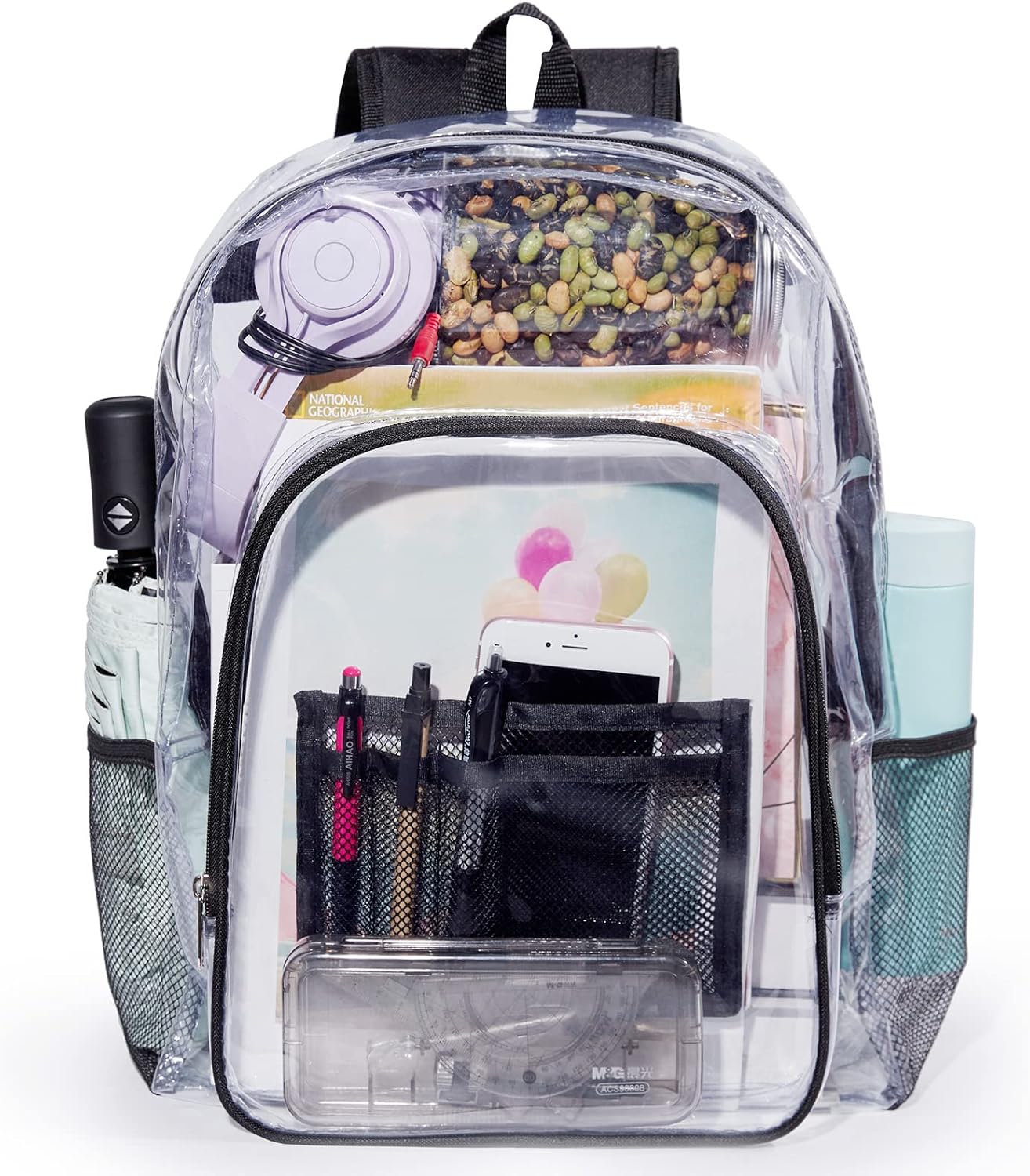 Clear Backpack, Transparent Backpack Heavy Duty PVC See Through Backpacks Clear Bag for School, Workplace, Black - Image 7