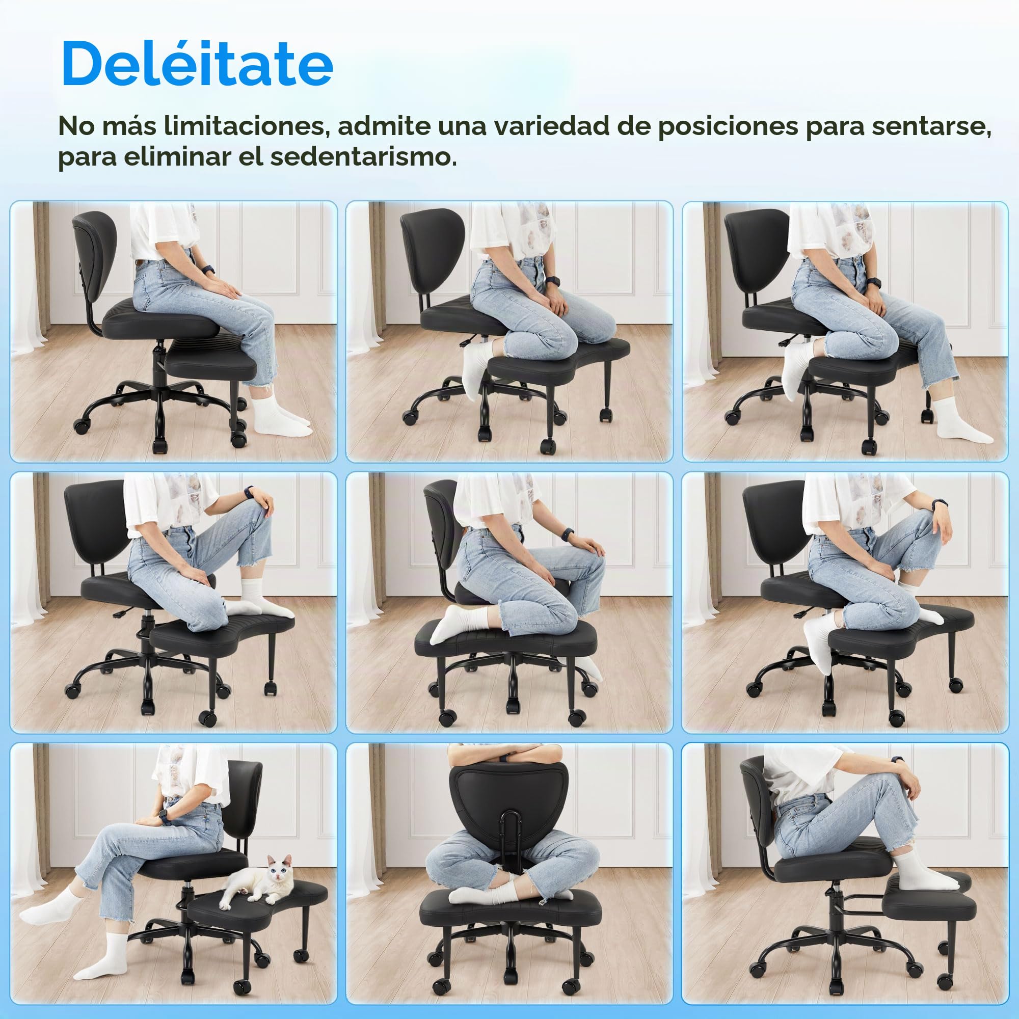 IWMH - Silla de oficina ergonómica de pie cruzado, silla de meditación giratoria de 360° con ruedas para TDAH, altura ajustable, diseño contemporáneo, negro