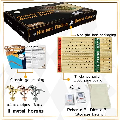 Miniatura 6 de Juego de mesa de carreras de caballos, madera maciza gruesa con 11 lujosos caballos de metal clásicos duraderos con 2 dados y 2 cajas de cartas,